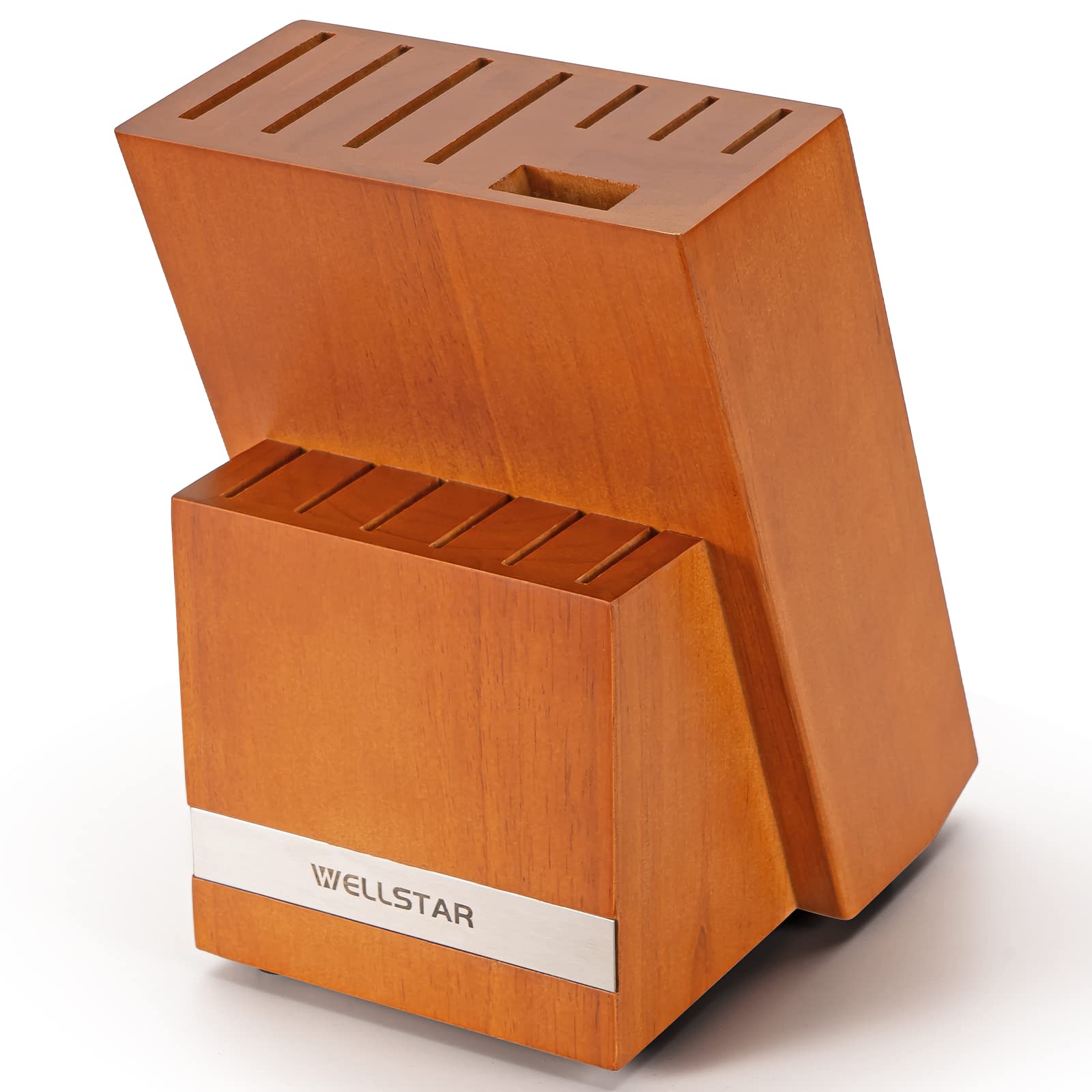 WELLSTAR 14-Slot Natural Wood Knife Block Holder - Hardwood Countertop Knife Storage Organizer (Brown) - Perfect for Kitchen Countertops, Chef's Knives & Cutlery Organization