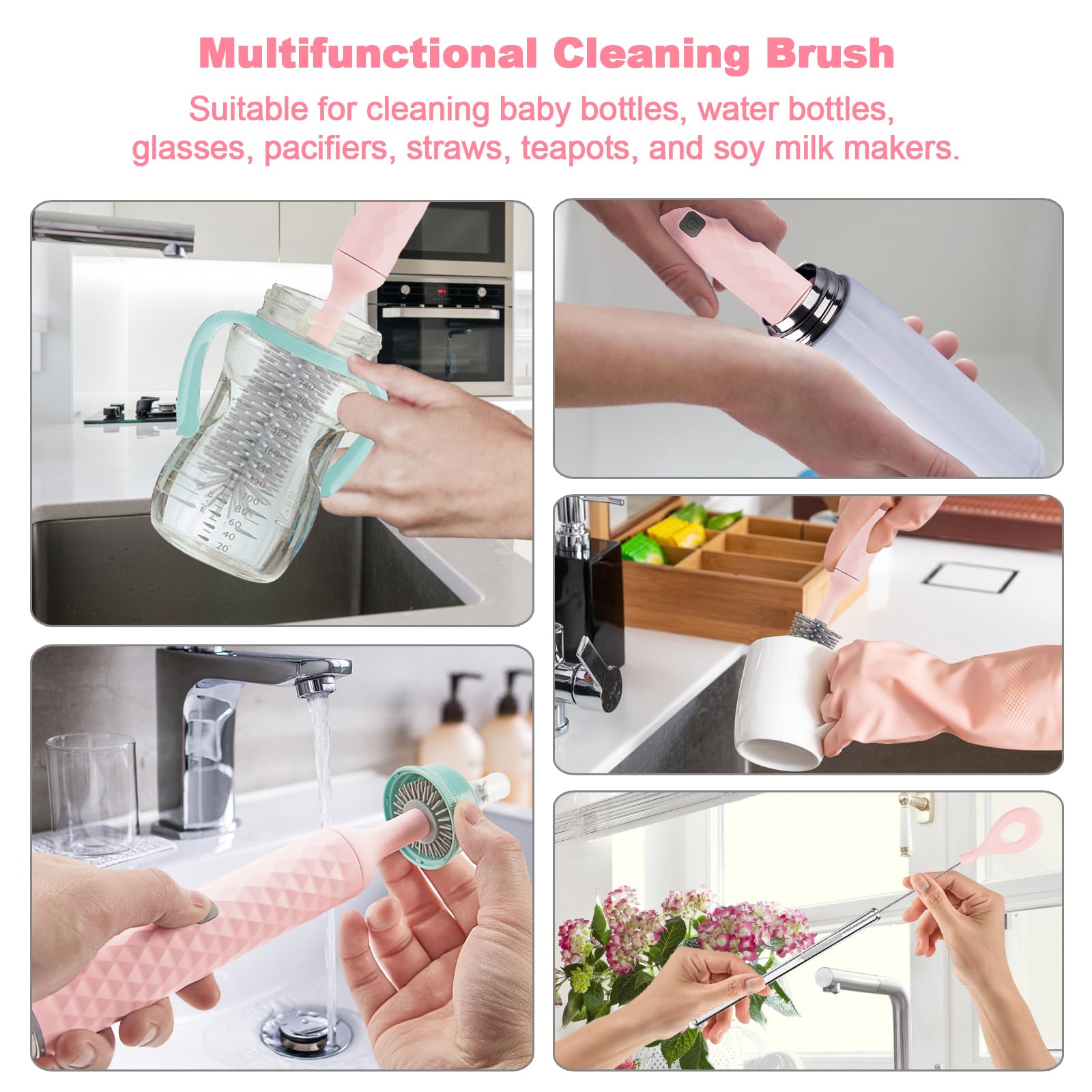 Rechargeable Electric Baby Bottle Cleaner Kit - 3-Piece Silicone Bottle Brush & Straw Brush Set | Automatic Bottle Washer for Infant Feeding Accessories | Perfect for Nursery, Travel & Daily Cleaning (Pink)