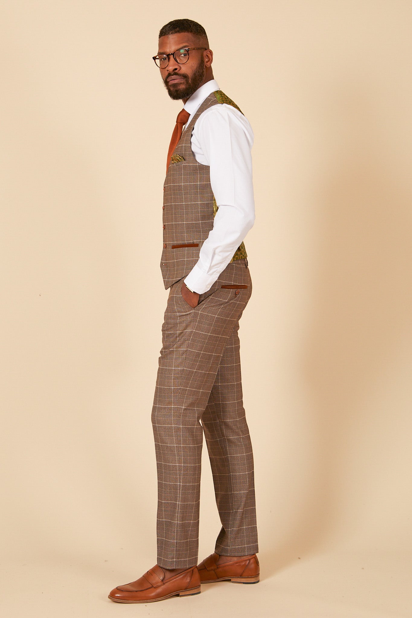 RAY Tan Check Waistcoat for Men - Stylish Casual Vest with Classic Check Pattern - Perfect for Office, Wedding & Formal Events