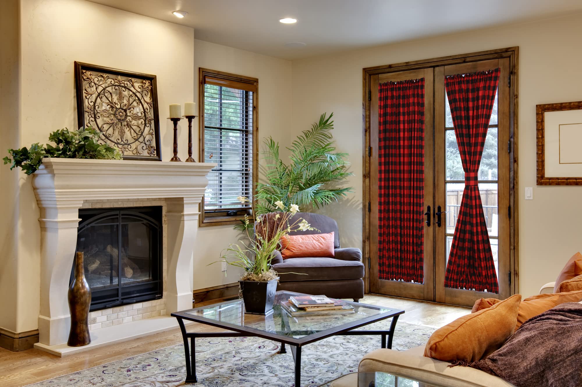 2 Pcs Buffalo Grid French Door Curtains 72 Inch Long - Red and Black Rod Pocket Window Treatments for Front/Back Glass Doors with Bonus Tiebacks - Perfect for Living Room, Bedroom & Patio Privacy