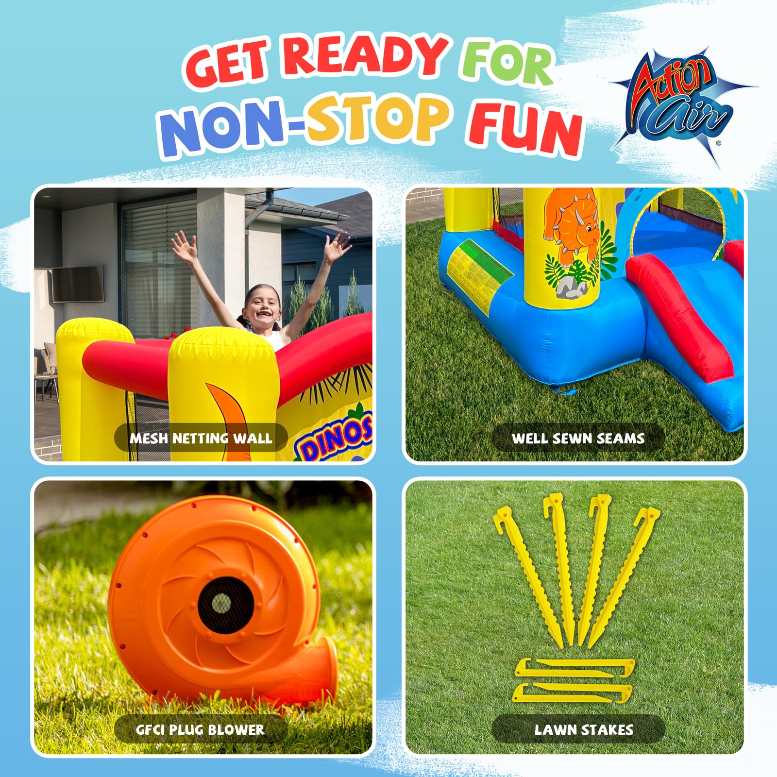 Dinosaur Theme Inflatable Bounce House with Air Blower - Extra Thick & Durable Sewn for Kids Indoor/Outdoor Play - Perfect for Birthday Parties, Backyard Fun & Summer Events