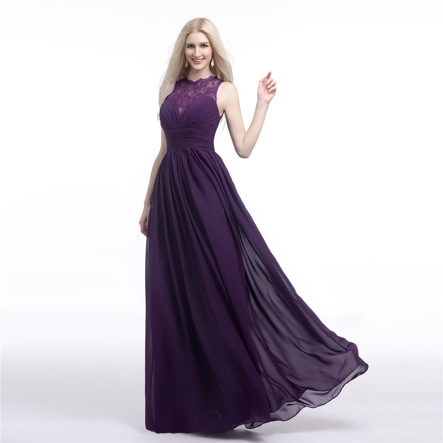 Elegant Women's Long Chiffon Lace Sleeveless Evening Dress for Wedding, Bridesmaid, Prom & Formal Party - Perfect for Special Occasions & Red Carpet Events