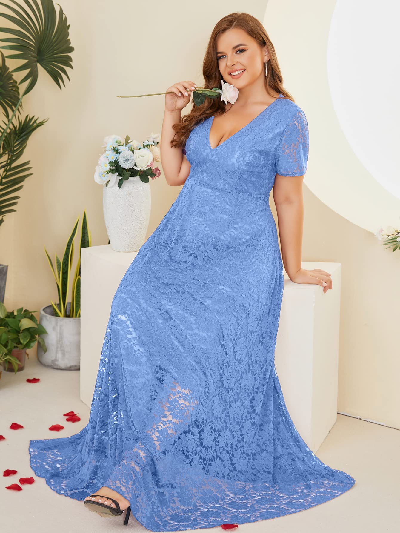 Plus Size Floral Lace V-Neck Long Maxi Dress for Women - Elegant Summer Beach Wedding Party & Vacation Outfit