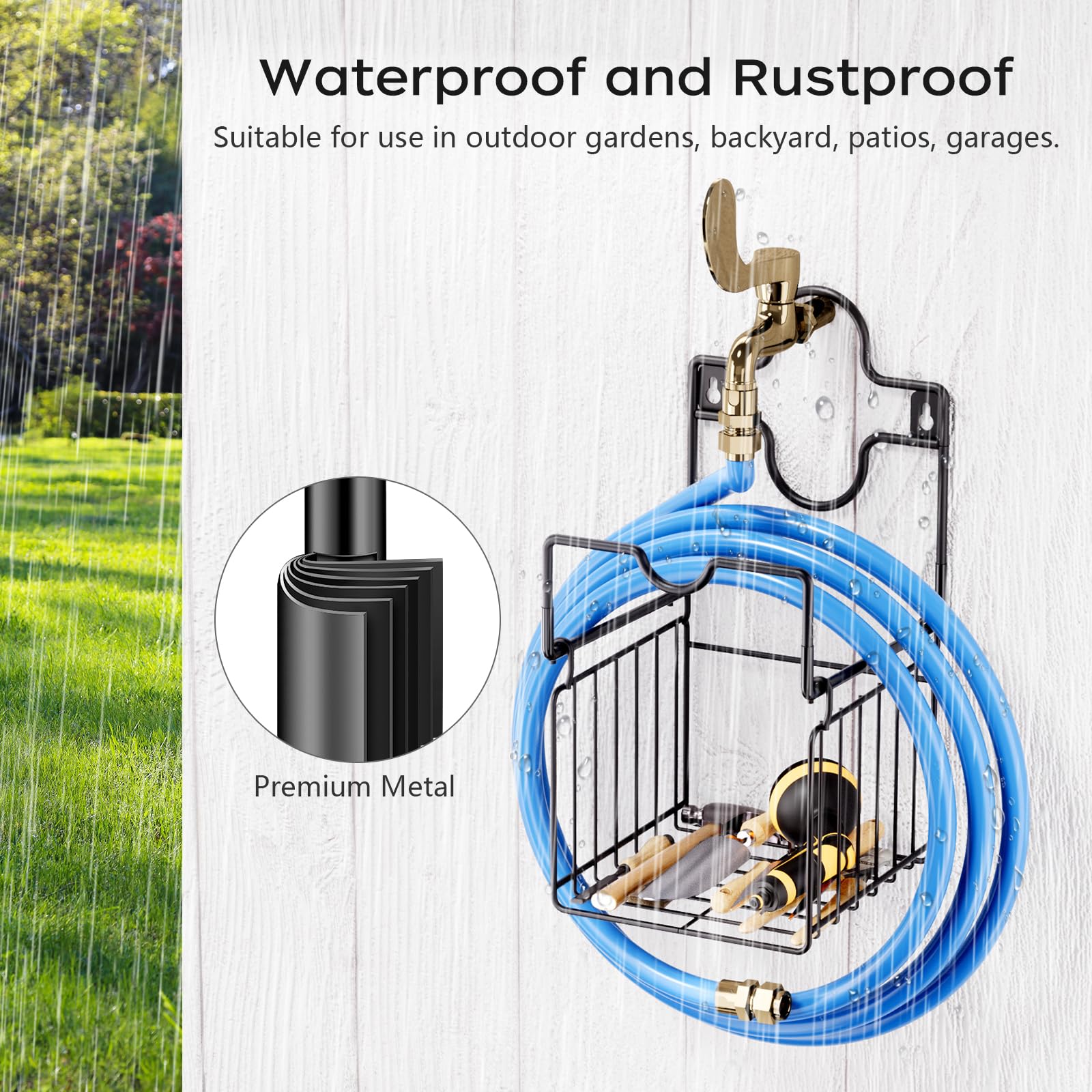 Heavy Duty Metal Hose Holder - Wall Mount with Storage Basket for Garden, Yard, Garage - Durable Outdoor Water Hose Organizer