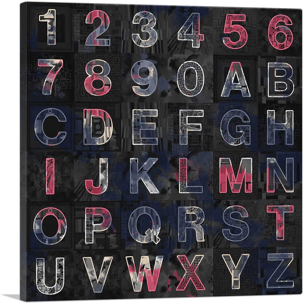 Modern Square Alphabet Canvas Art Print - Black, Blue, Red & White Framed Wall Decor - 26x26 Inch Stretched Painting for Living Room, Bedroom & Office