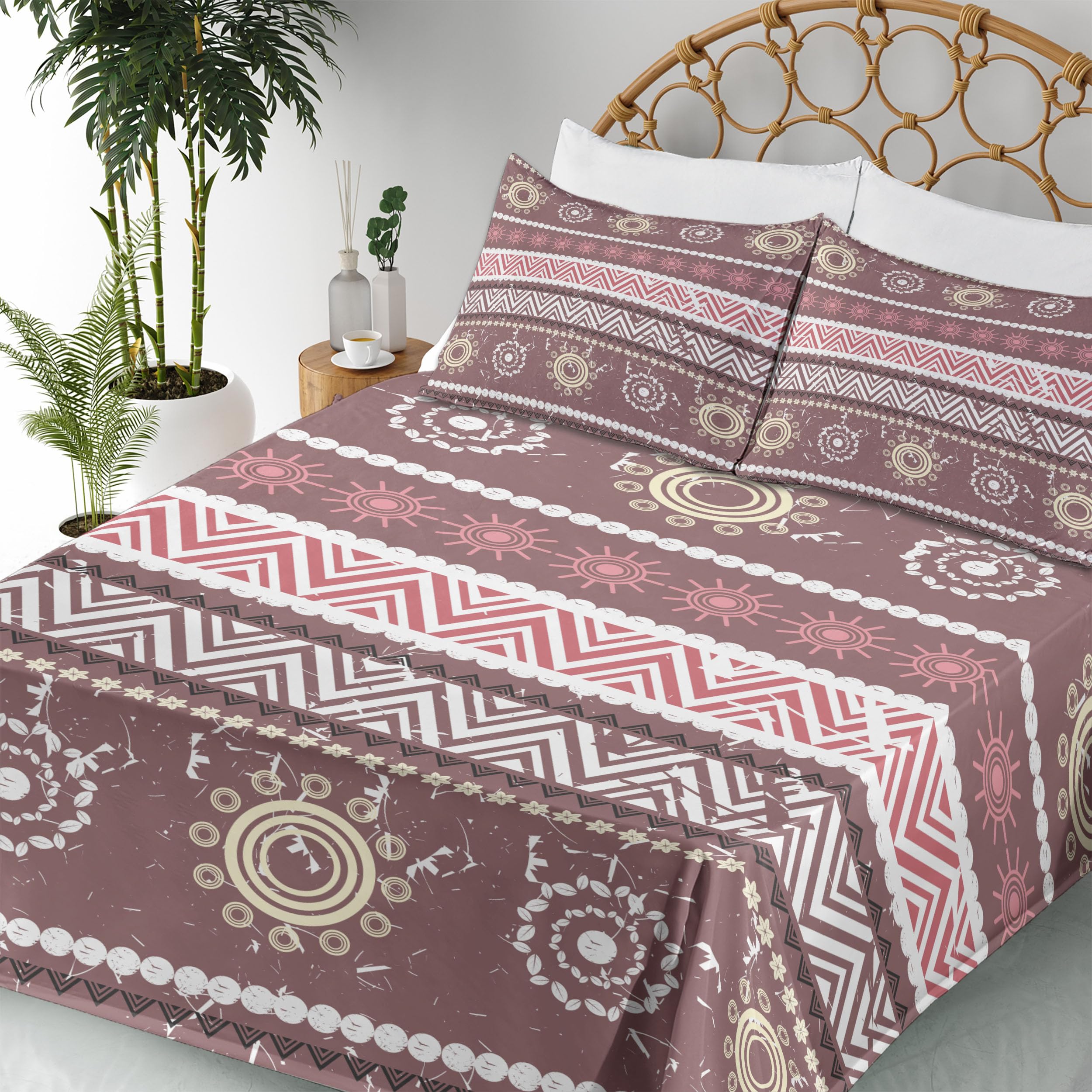 Ambesonne Zambia 4-Piece King Size Sheet Set - Antique Traditional Boho Sun Pattern in Earthen Tones, Dried Rose Yellow | Soft Bed Sheets with Fitted Sheet, Flat Sheet & Pillowcases | Perfect for Bohemian Bedroom Decor, Guest Room & Cozy Home Styling