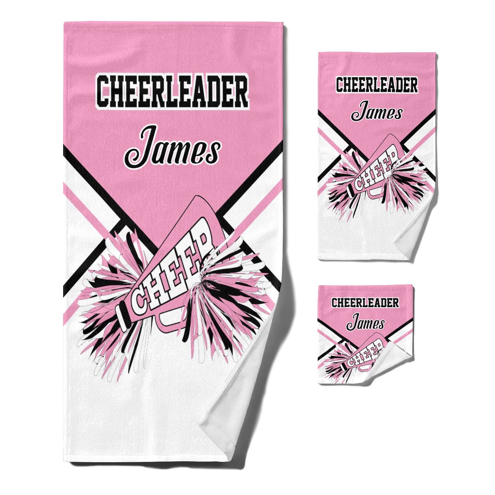 **Custom Personalized Cheerleaders Pink Beach Towel Set of 3 - Quick Dry, Soft & Absorbent - 1 Bath Towel + 1 Hand Towel + 1 Washcloth - Perfect for Pool, Beach, Gym & Bathroom Decor**