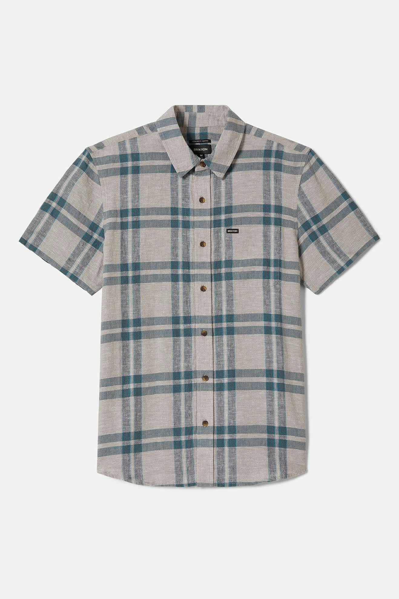 Charter Linen Blend Short Sleeve Shirt - Beige & Azure Blue Plaid for Men | Casual Summer Wear & Office Outfit
