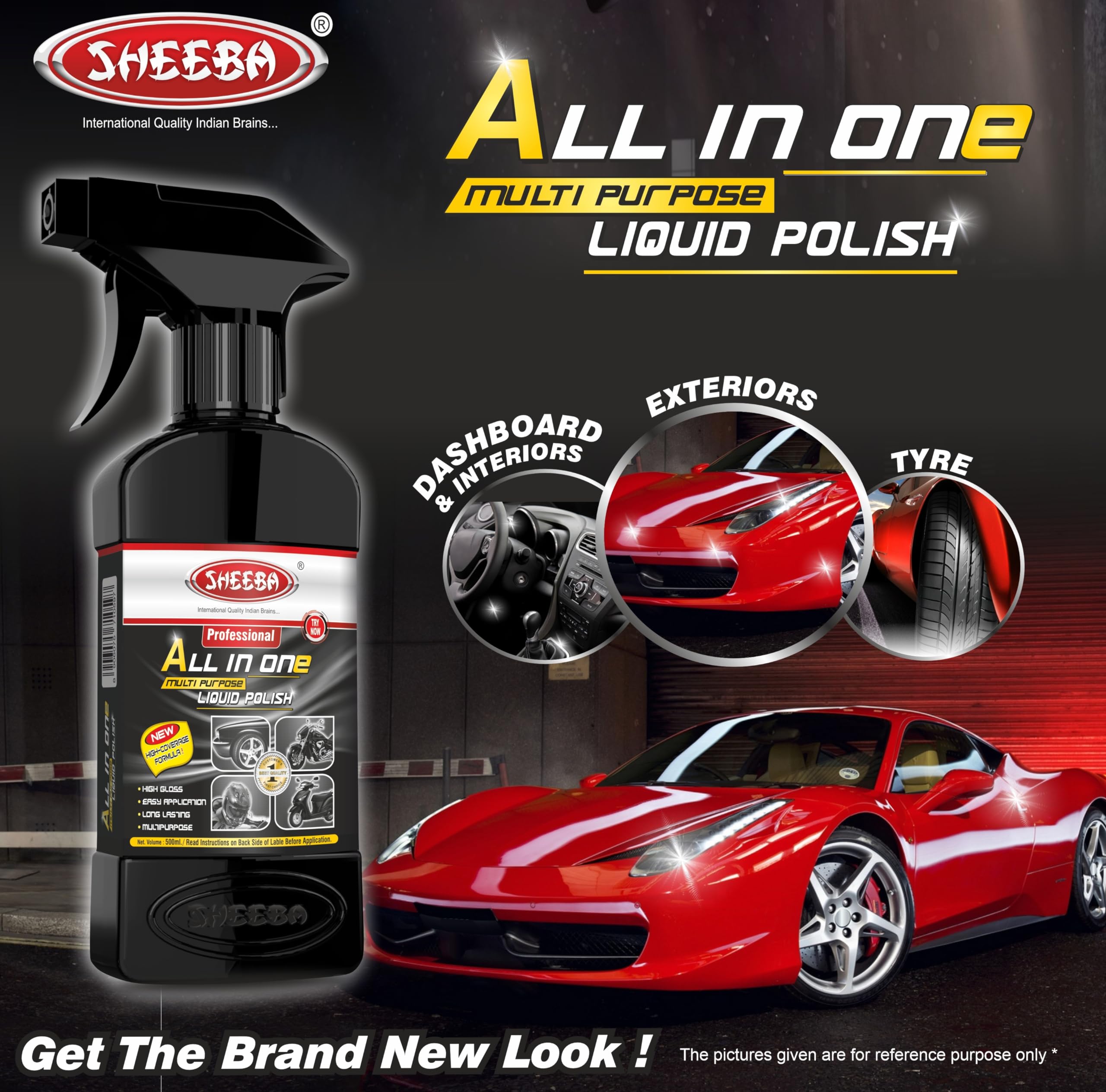SHEEBA All-in-One Multipurpose Liquid Polish for Cars, Motorcycles, Scooters - High Gloss Finish | Easy to Apply | Works on Interior & Exterior Surfaces | Includes 500mL Bottle with Applicator Pad | Perfect for Vehicle Detailing, Home & Office Maintenance