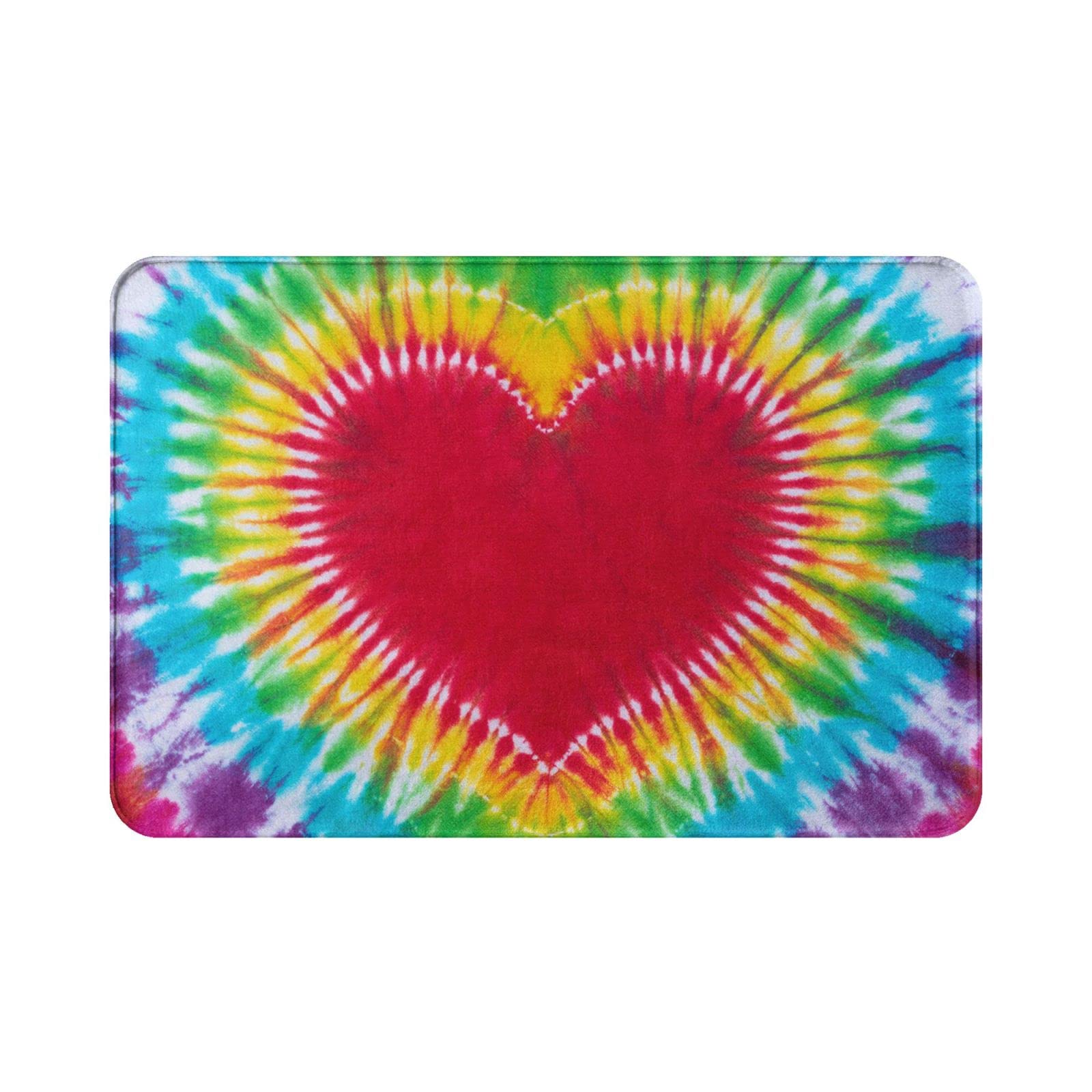 Non-Slip Tie Dye Rainbow Heart Doormat - Absorbent Bath Rug for Home Entrance, Kitchen & Bathroom - Colorful Pattern Carpet (16x24 Inches) - Perfect for Indoor/Outdoor Use, Front Door Decor & Wet Area Protection