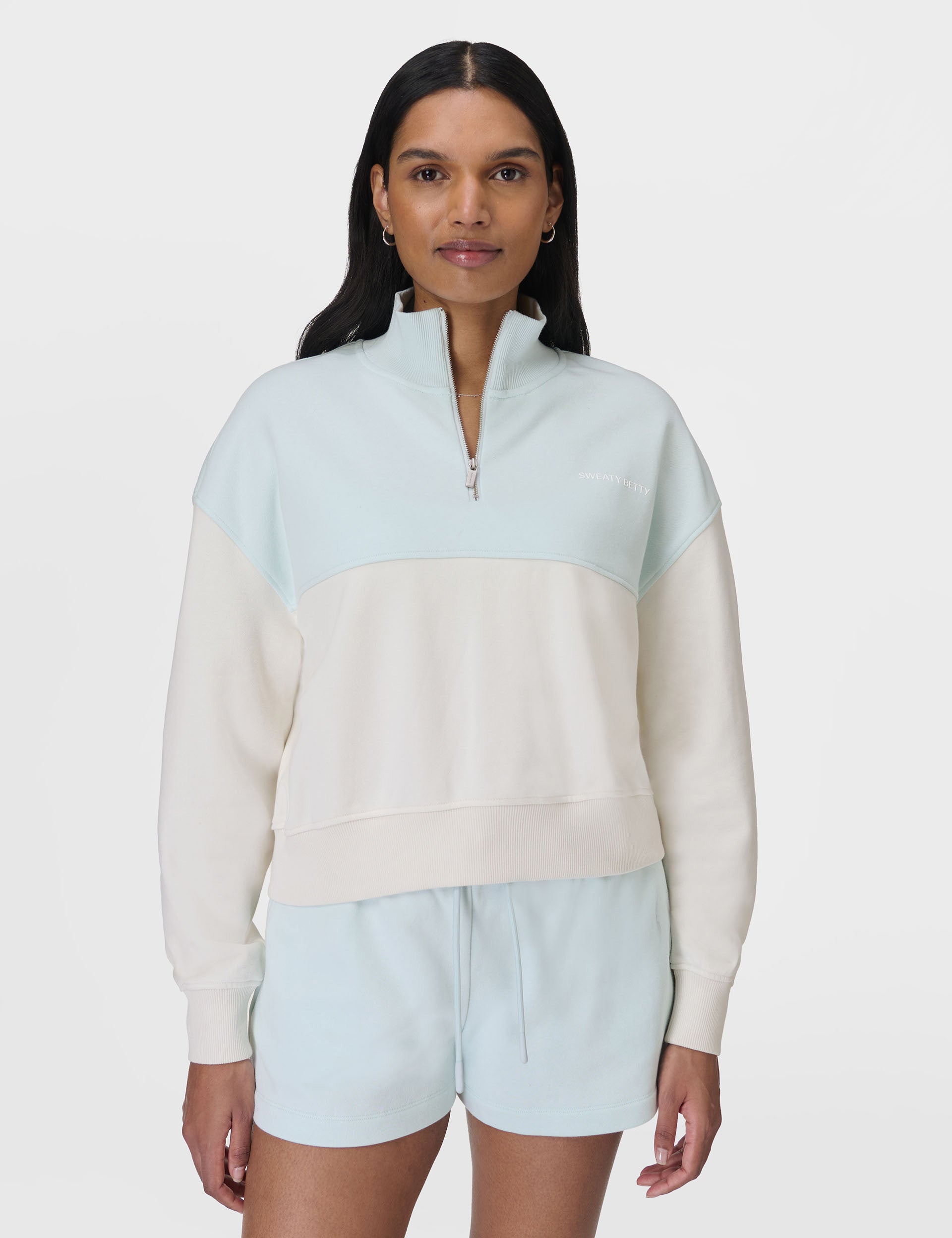 Revive Crop Half Zip Sweatshirt - Day Break Blue & Lily White | Women's Casual Pullover for Yoga, Running & Streetwear Fashion