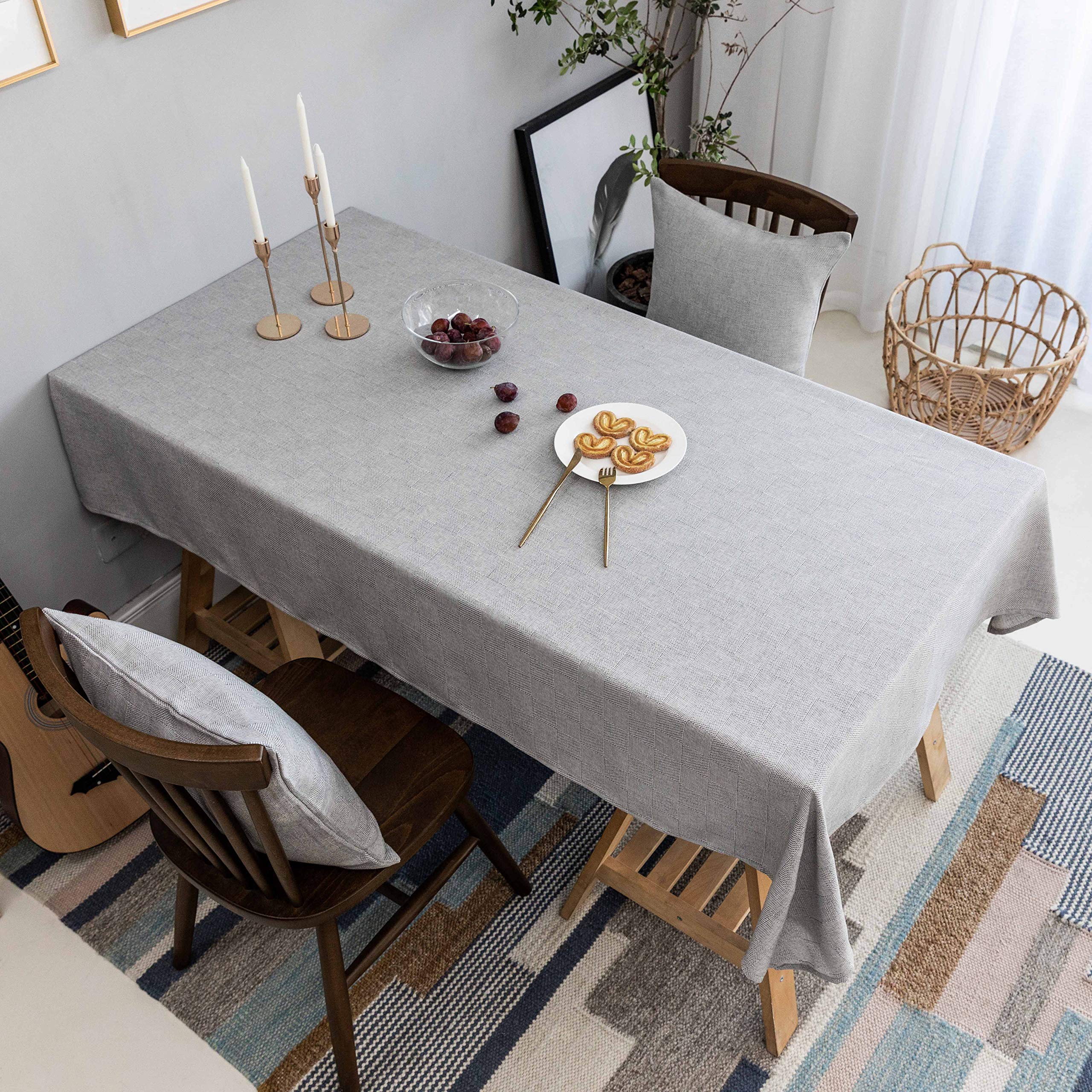 Farmhouse Checkered Tablecloth 52x72 Inch - Light Gray Solid Rectangular Table Cover for Indoor & Outdoor Dining, Parties, Picnics - Washable Cotton Linen Blend for Kitchen, Restaurant, and Event Decor