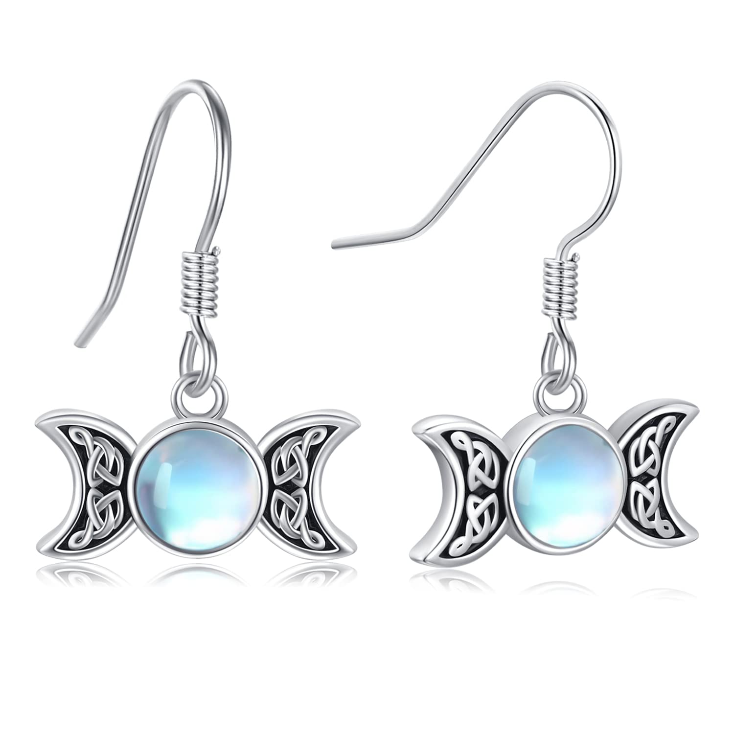 925 Sterling Silver Moonstone Triple Moon Goddess Dangle Earrings – Pagan Wiccan Jewelry for Women, Moon Amulet Drop Earrings | Perfect Gift for Girlfriend, Witchy Aesthetic, Boho Festival & Moon Ritual Jewelry