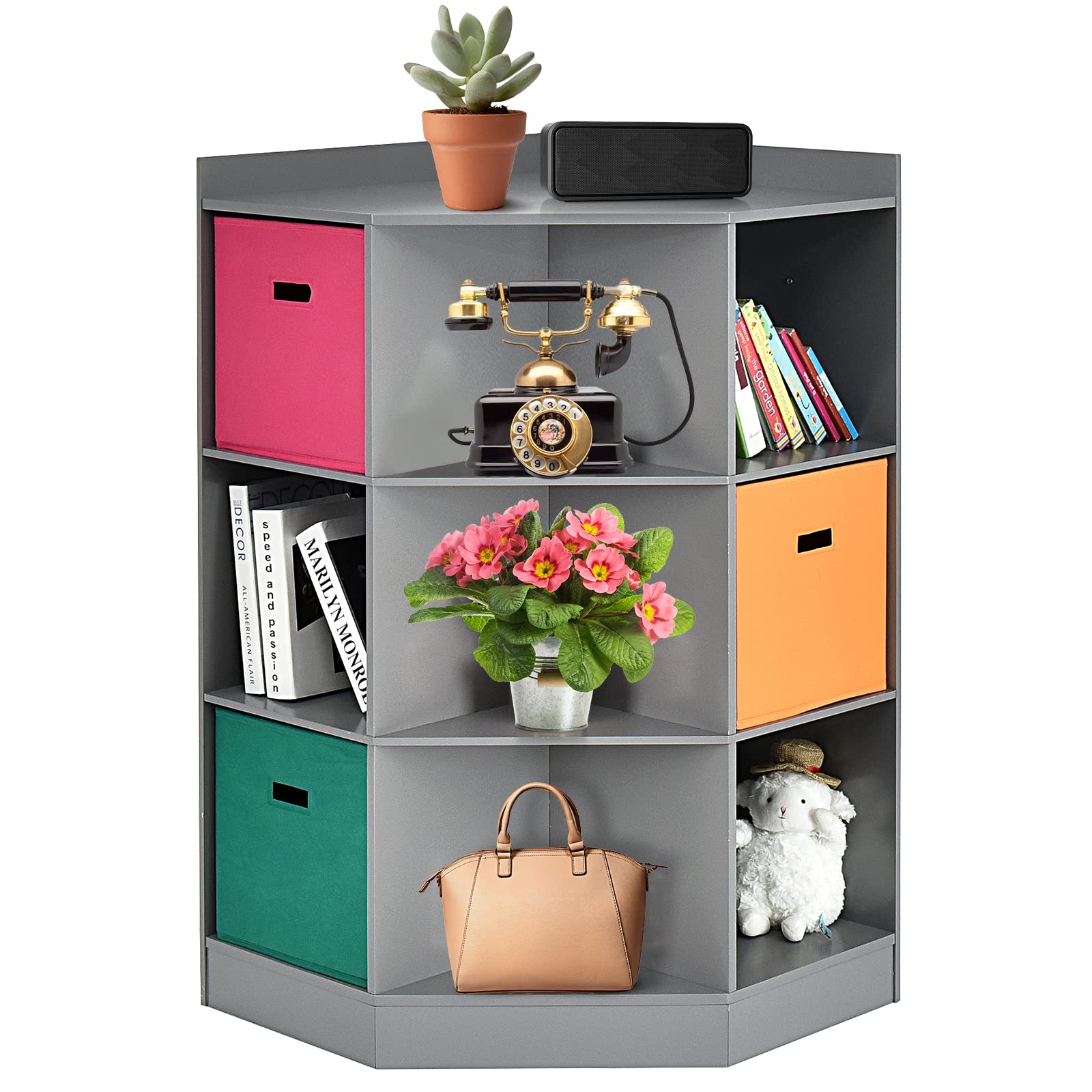 HONEY JOY 9-Cubby Wooden Toy Storage Organizer with Display Shelf & 3 Removable Baskets - Kids Playroom, Bedroom & Nursery Daycare Corner Cabinet (Gray) - Perfect for Organizing Toys, Books & Learning Supplies in Small Spaces
