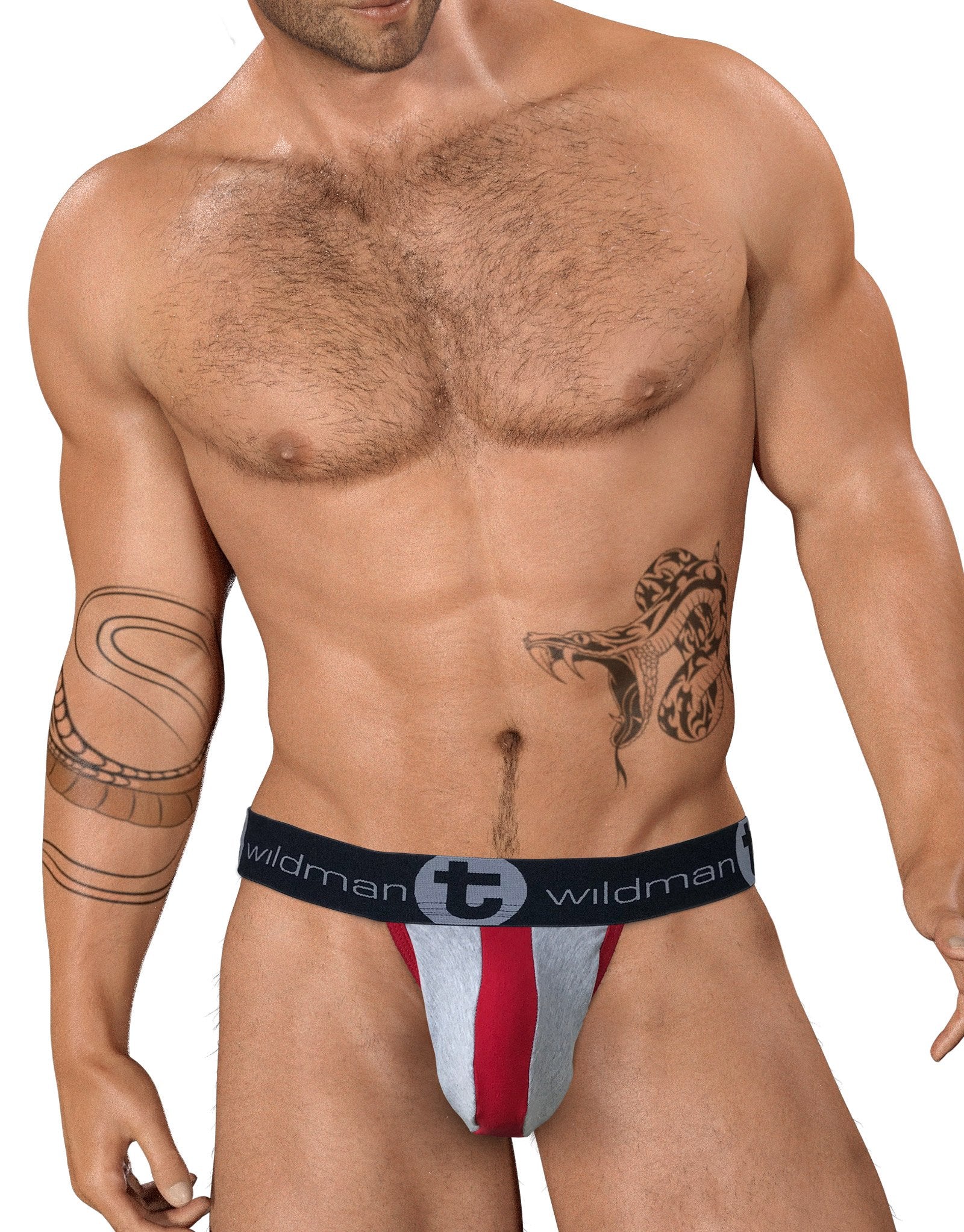 WildmanT Stretch Cotton Strapless Jockstrap for Men - Big Boy Pouch Support in Gray/Red - Comfortable Athletic Underwear for Workout, Sports & Everyday Wear