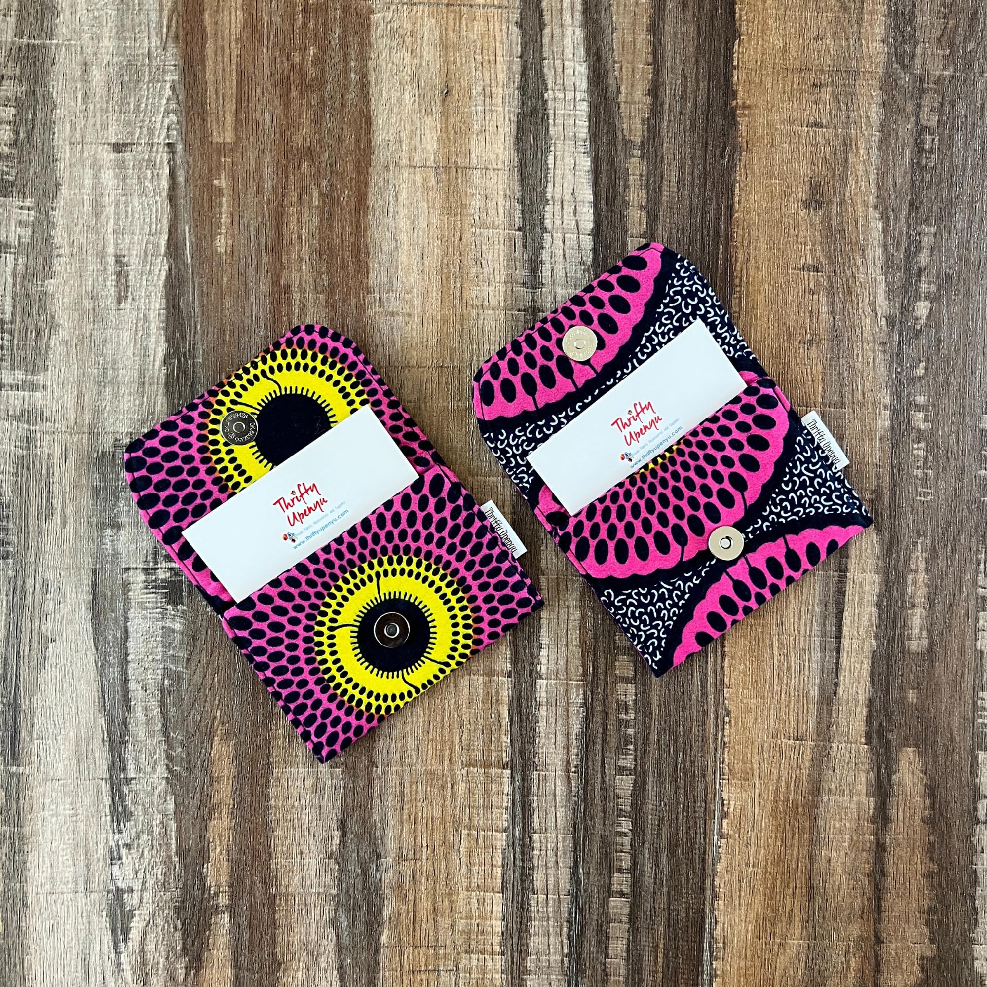 African Print Mini Card Holder - Business & Loyalty Card Case with Pink Yellow Black Dots - Perfect for Networking Events, Office Use & Gift Giving