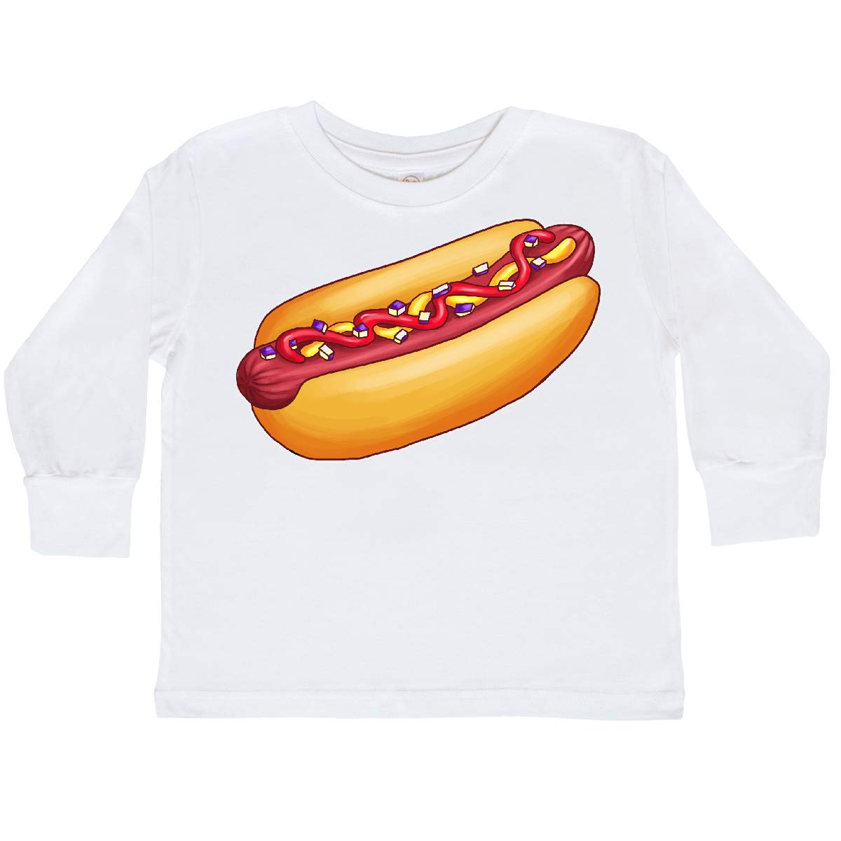 Inktastic Hot Dog Illustration with Mustard Onions Toddler Long Sleeve T-Shirt - Cute Graphic Tee for Boys & Girls - Soft Cotton Kids Shirt for Casual Wear, Playdates & Family Outings