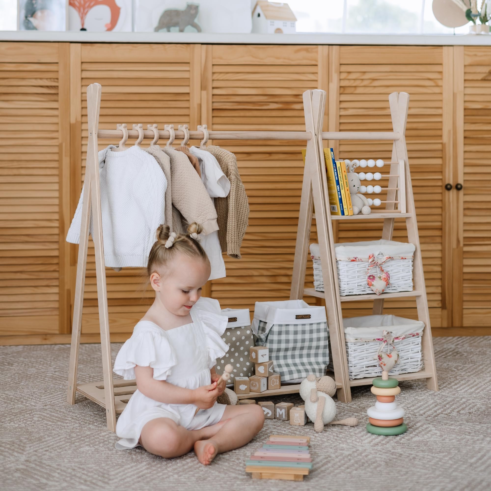 Montessori Toy Storage & Wooden Clothing Rack - Kids Wardrobe Organizer, Nursery Shelf, Teepee Toy Shelf - Natural Wood Nursery Furniture for Bedroom & Playroom Organization