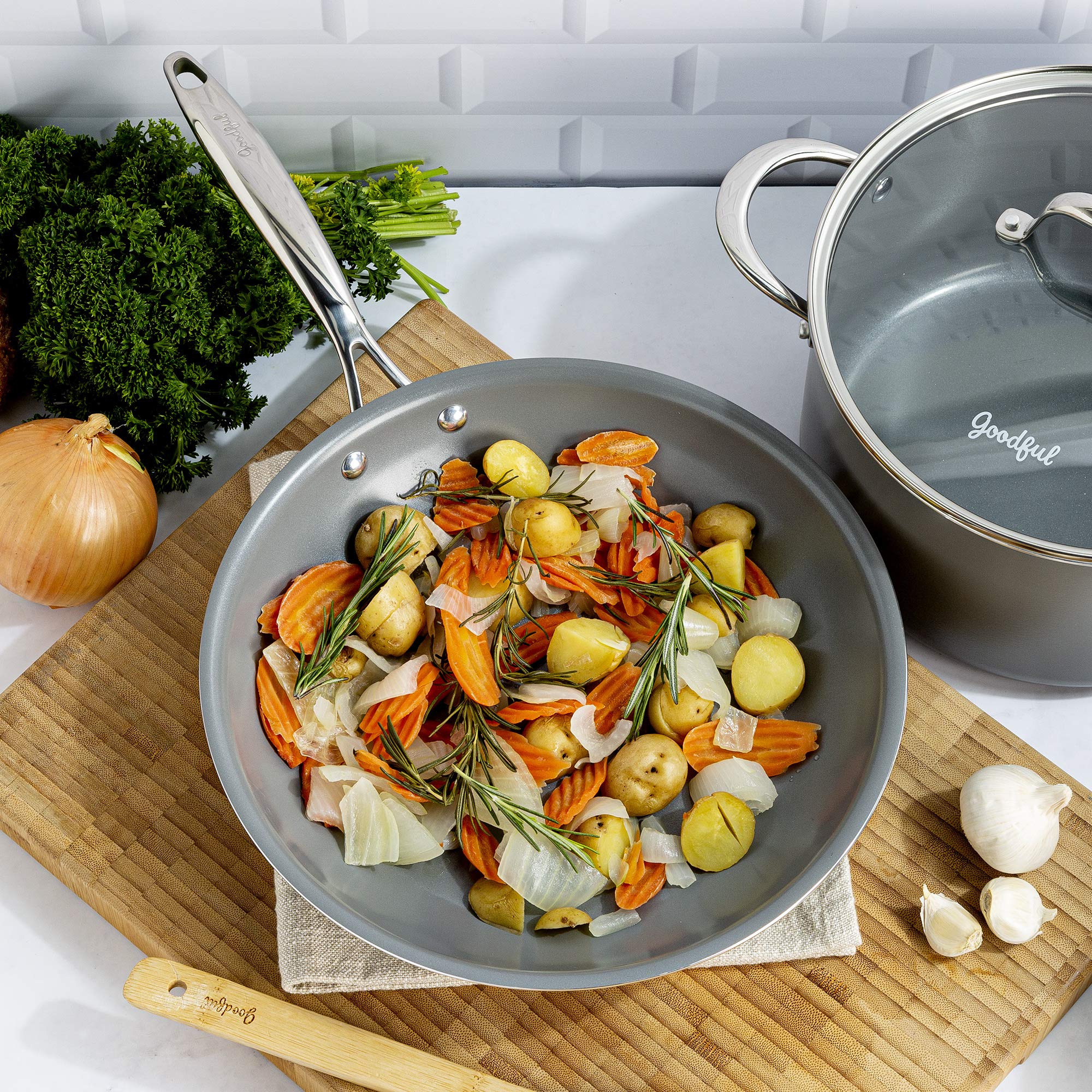 Premium Goodful 12-Piece Ceramic Nonstick Cookware Set - Titanium-Reinforced Coating, Dishwasher Safe Pots & Pans with Tempered Glass Lids & Stainless Steel Handles - Perfect for Frying, Boiling & Everyday Cooking - Gray