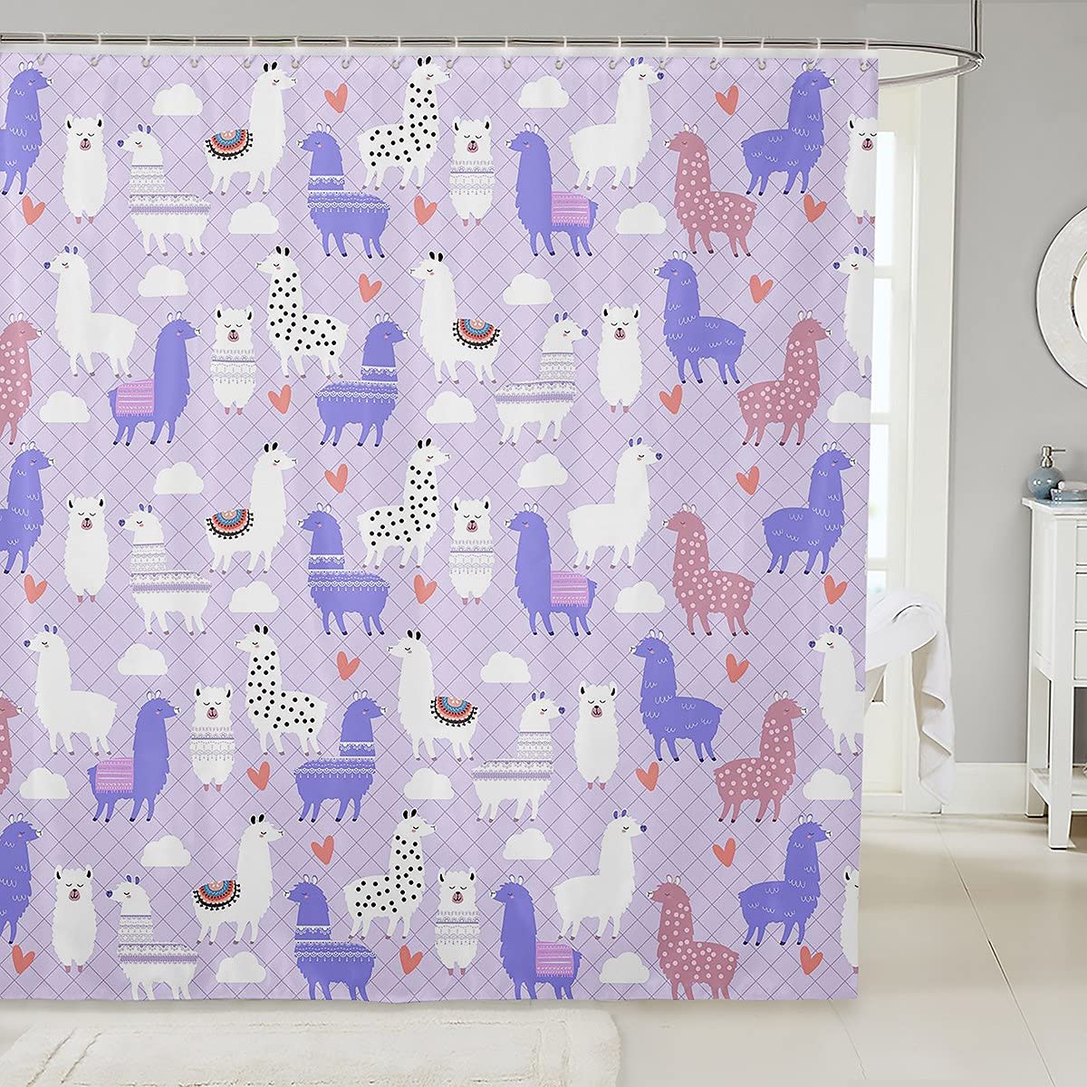 Cute Llama Shower Curtain for Girls - Kawaii Alpaca Bathroom Decor with Boho Style - 72x72 Inch Waterproof Bath Curtain for Kids' Bathroom, Bathtub, and Baby Girl Stall Accessories - Perfect for Nursery, Children's Bathroom, and Playful Home Decor