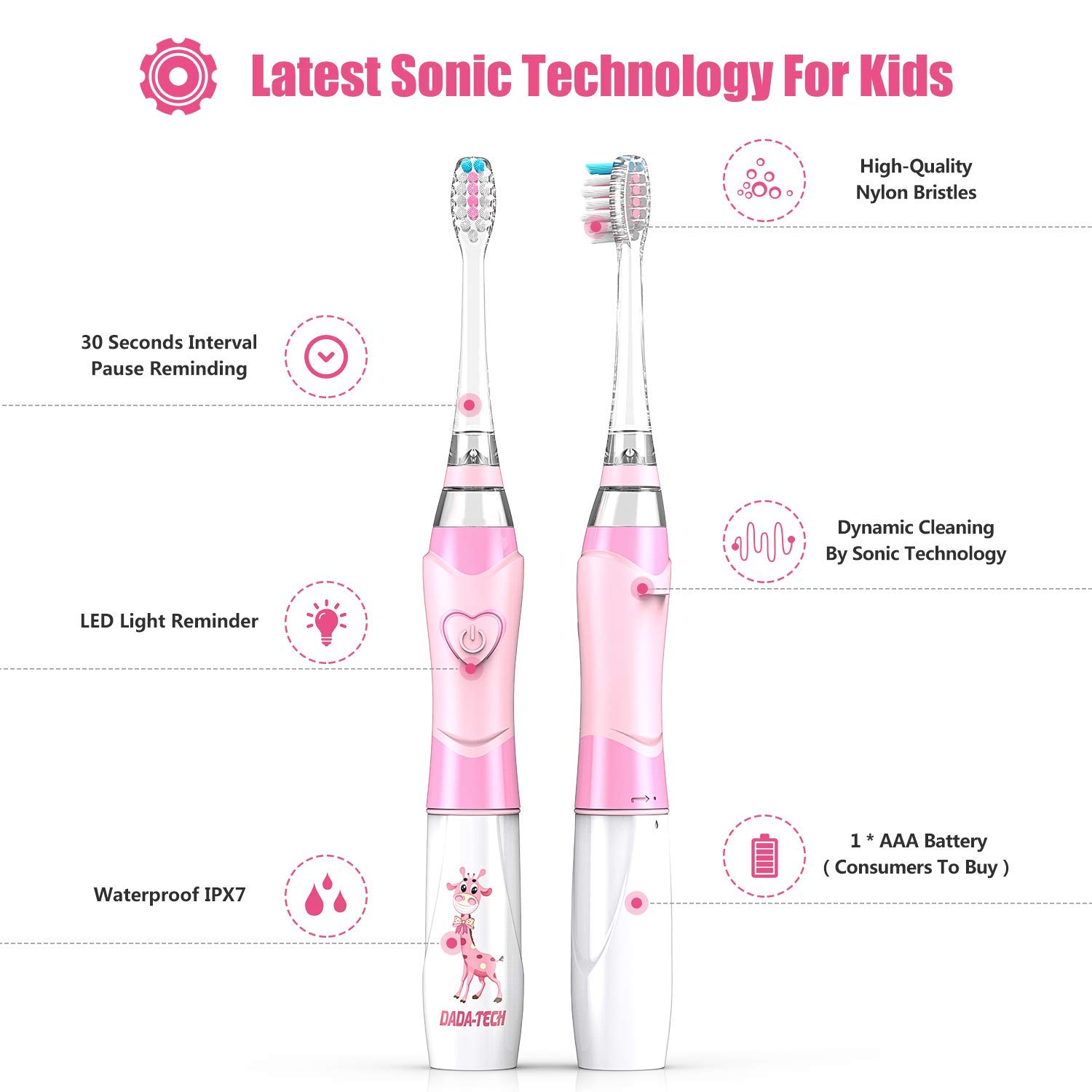 DADA-TECH Kids Electric Toothbrush - Soft Bristles Battery Powered Toothbrush with 2-Minute Timer for Children (Pink & Blue) - Perfect for Daily Oral Care & Healthy Teeth Habits