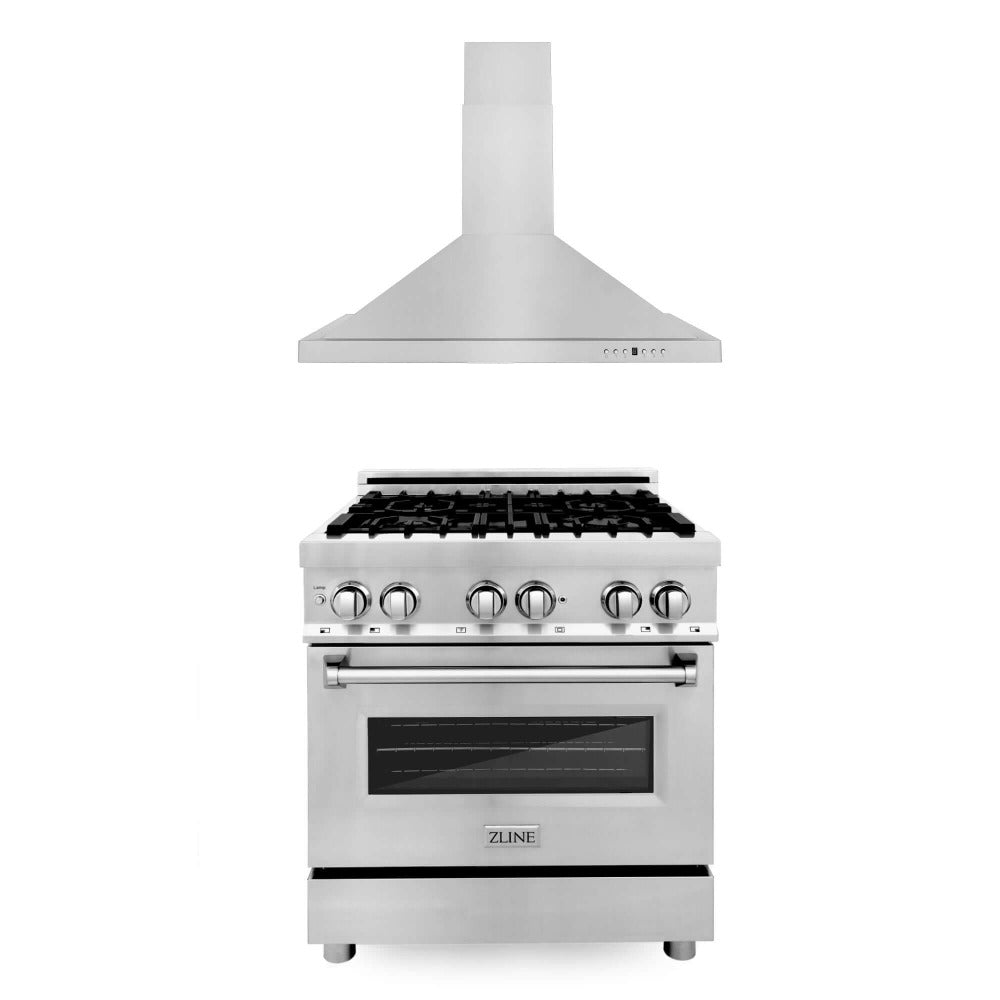 ZLINE 30-inch Stainless Steel Dual Fuel Range & Convertible Vent Hood Kitchen Package (2KP RARH30) - Perfect for Modern Home Chefs & Open Concept Kitchens