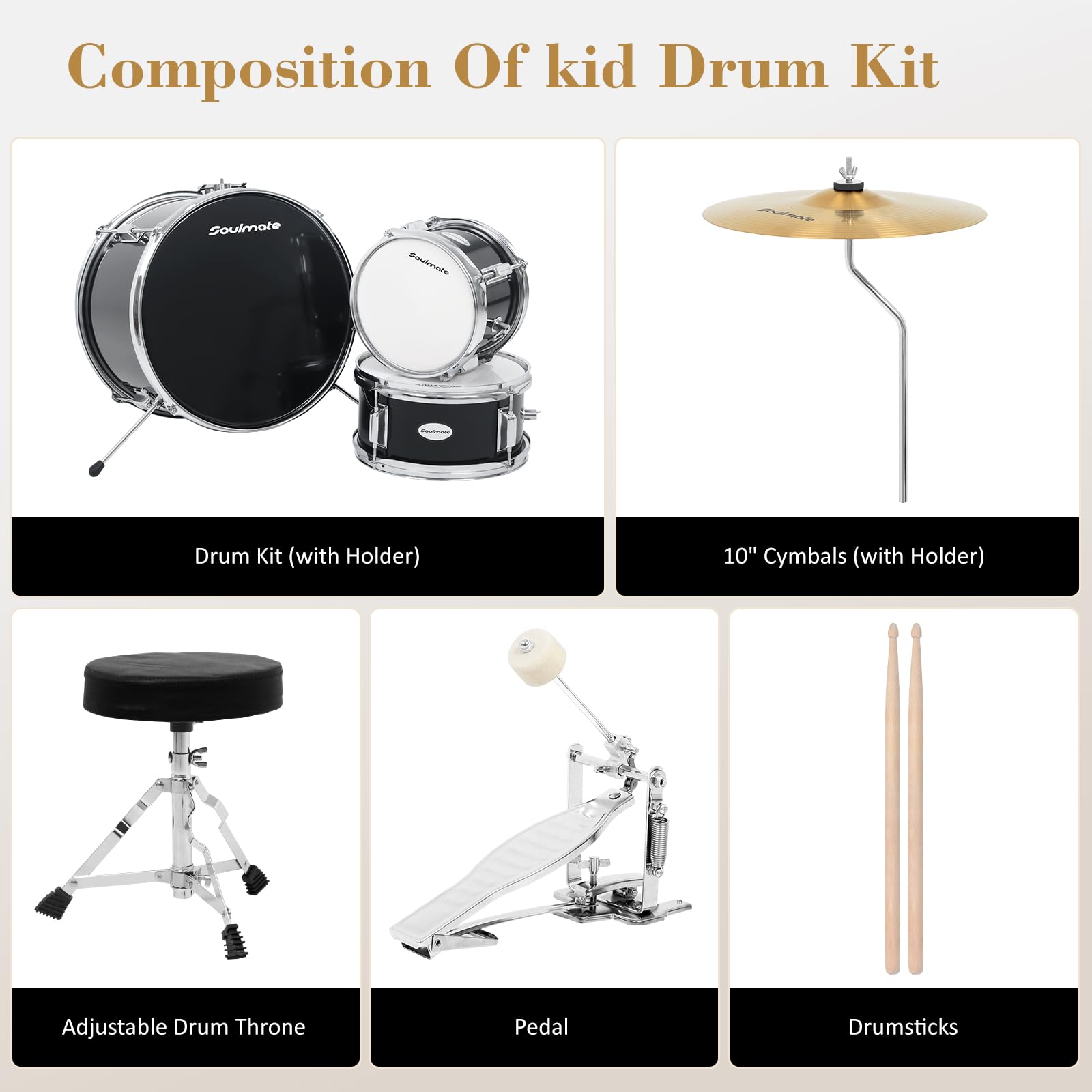 14 Inch Kids Drum Set - 3 Piece Beginner Drum Kit with Adjustable Throne, Cymbal Pedal & Drumsticks | Perfect for Boys & Girls Learning Music | Ideal for Home Practice, Birthday Gifts & Classroom Performances