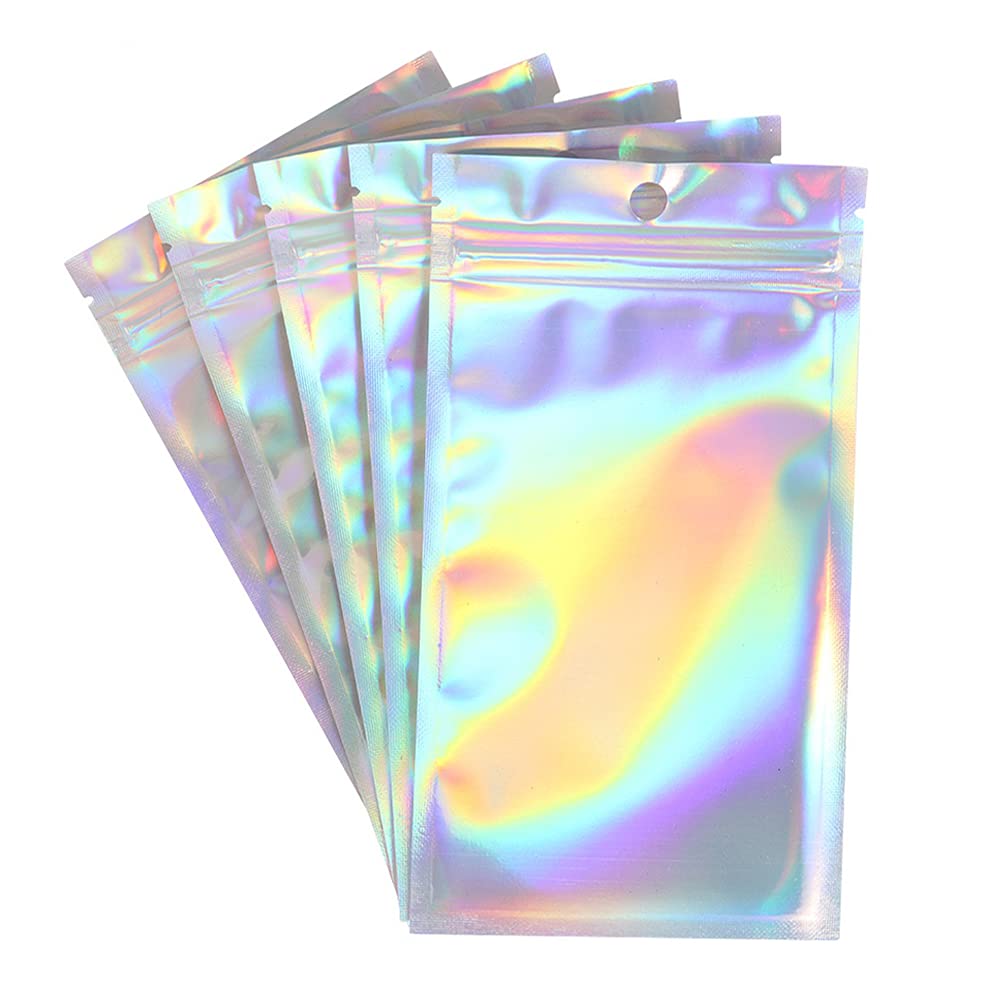 AKAMI 100 Pcs Resealable Mylar Bags - Smell Proof & Holographic Rainbow Food Storage Bags (3x5 Inch) for Candy, Jewelry, Herbs & More - Perfect for Home Kitchen Organization, Travel Snacks & Small Item Storage