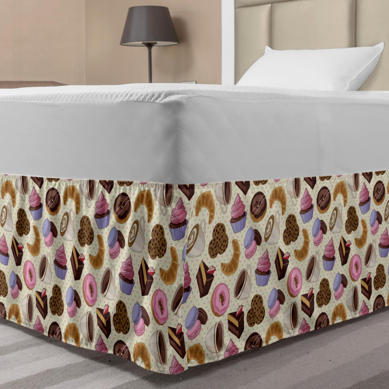 Ambesonne Coffee Themed Elastic Bed Skirt - Twin/Twin XL Size with Coffee Cups, Cookies & Chocolate Art Print, Wrap Around Dust Ruffle for Bedroom Decor | Perfect for Coffee Lovers' Homes & Cafe-Themed Bedrooms