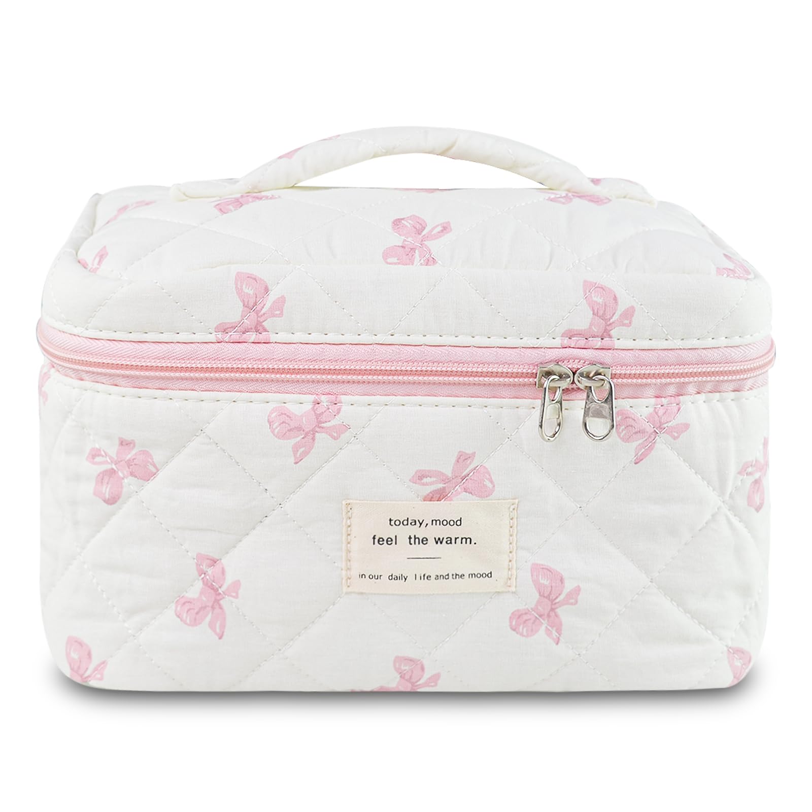 Quilted Bow Makeup Bag for Women - Large Travel Cosmetic Organizer, Cute Coquette Toiletry Pouch | Perfect for Travel, Gym, Bridal Shower & Daily Beauty Essentials Storage
