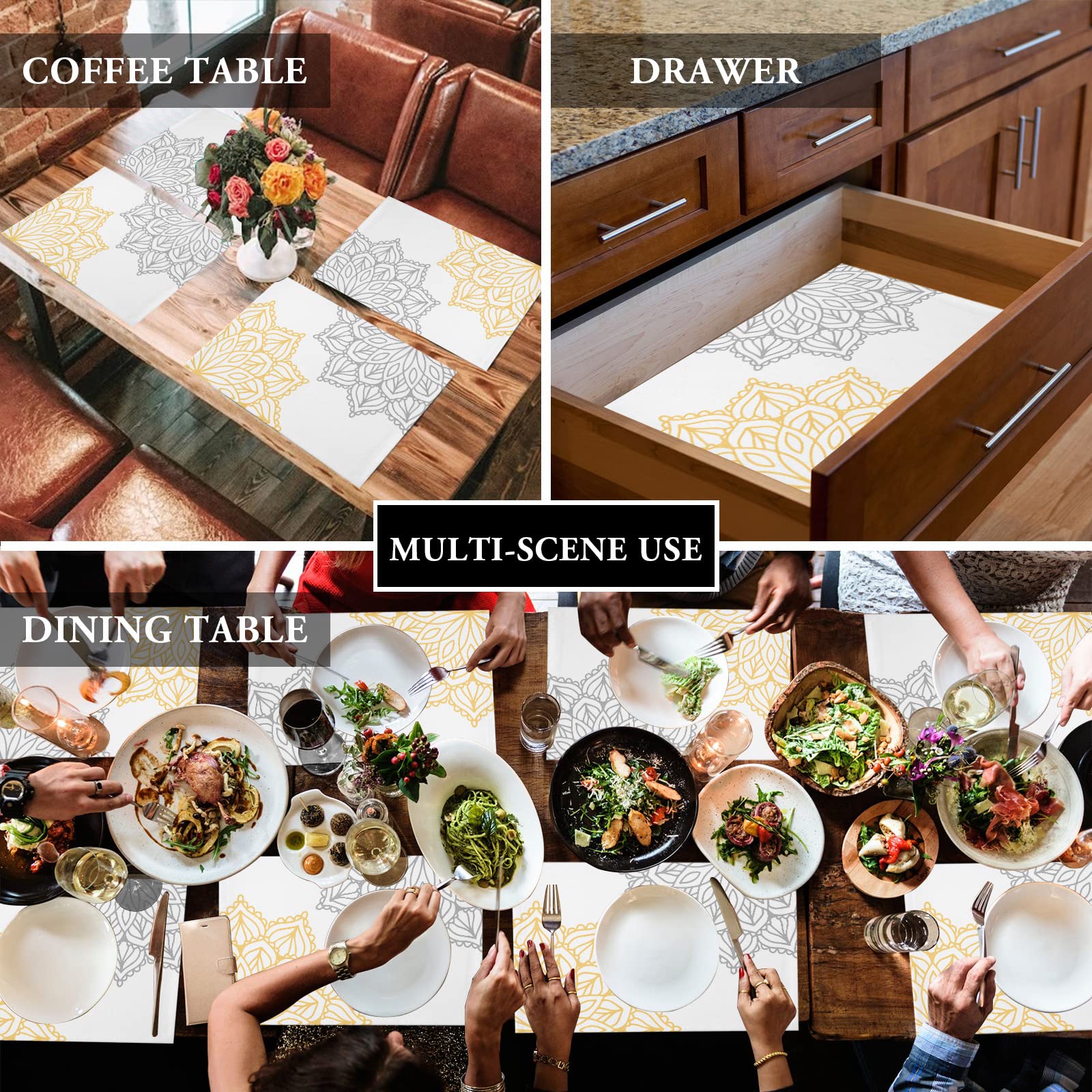 Elegant Yellow & Grey Dahlia Flower Placemats Set of 4 - Cotton Linen Heat-Resistant Non-Slip Washable Table Mats for Dining, Kitchen, Holiday Banquet Decor | Perfect for Thanksgiving, Christmas Dinner & Everyday Use