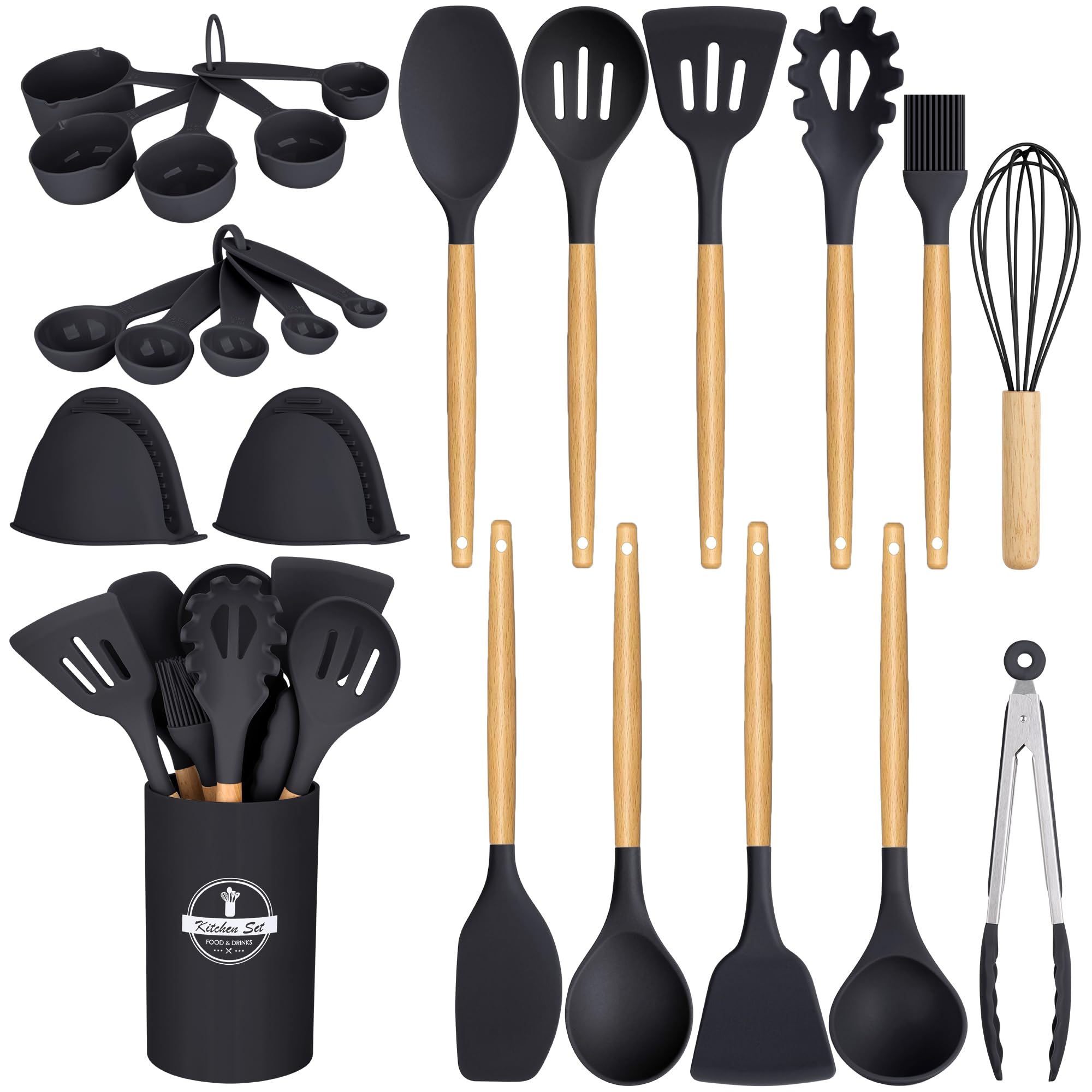 24-Piece Heat Resistant Silicone Kitchen Utensil Set with Wooden Handles (446°F Safe) - Non-Stick Cooking Tools with Storage Holder - Perfect for Baking, Frying & Everyday Cooking - Black Kitchen Gadgets & Accessories