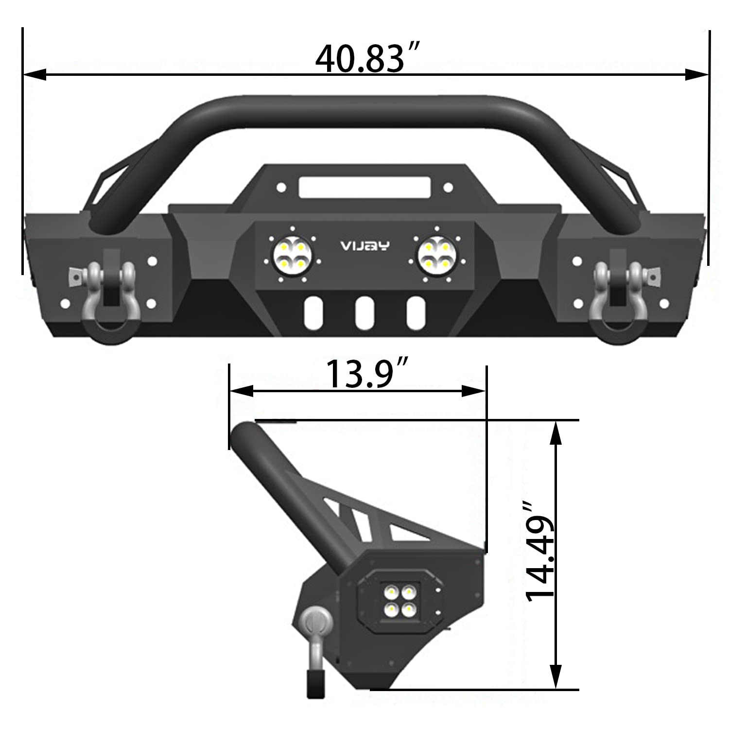 Black Textured Front Bumper with Winch Plate, 4 Aluminum Lights & 2 D-Rings for 1997-2006 Jeep Wrangler TJ - Off-Road Protection & Adventure-Ready Upgrade