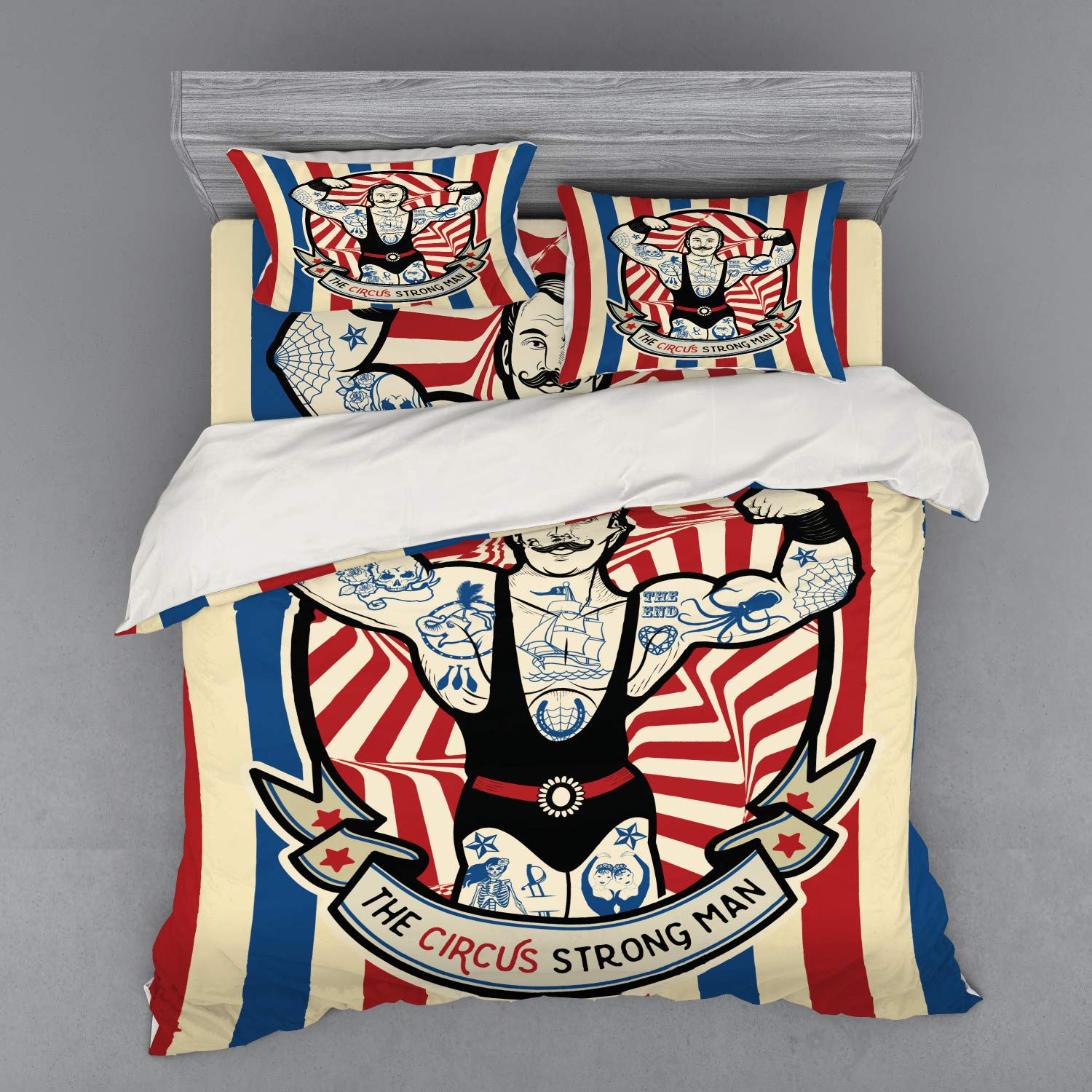 Ambesonne Circus Themed Bedding Set - Nostalgic Strong Man Tattoo & Muscle Star Print Duvet Cover 4-Piece Set with Shams & Fitted Sheet, King Size in Beige Red Blue - Perfect for Circus Lovers' Bedroom Decor