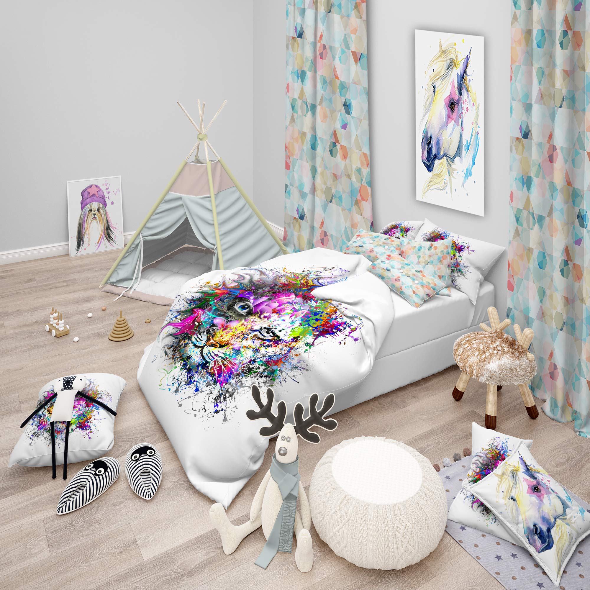 DesignQ Colorful Tiger Face Abstract Duvet Cover Set - Queen Size, 3-Piece Modern Contemporary Bedding in White for All Seasons | Perfect for Guest Rooms, Master Bedrooms & Stylish Home Decor