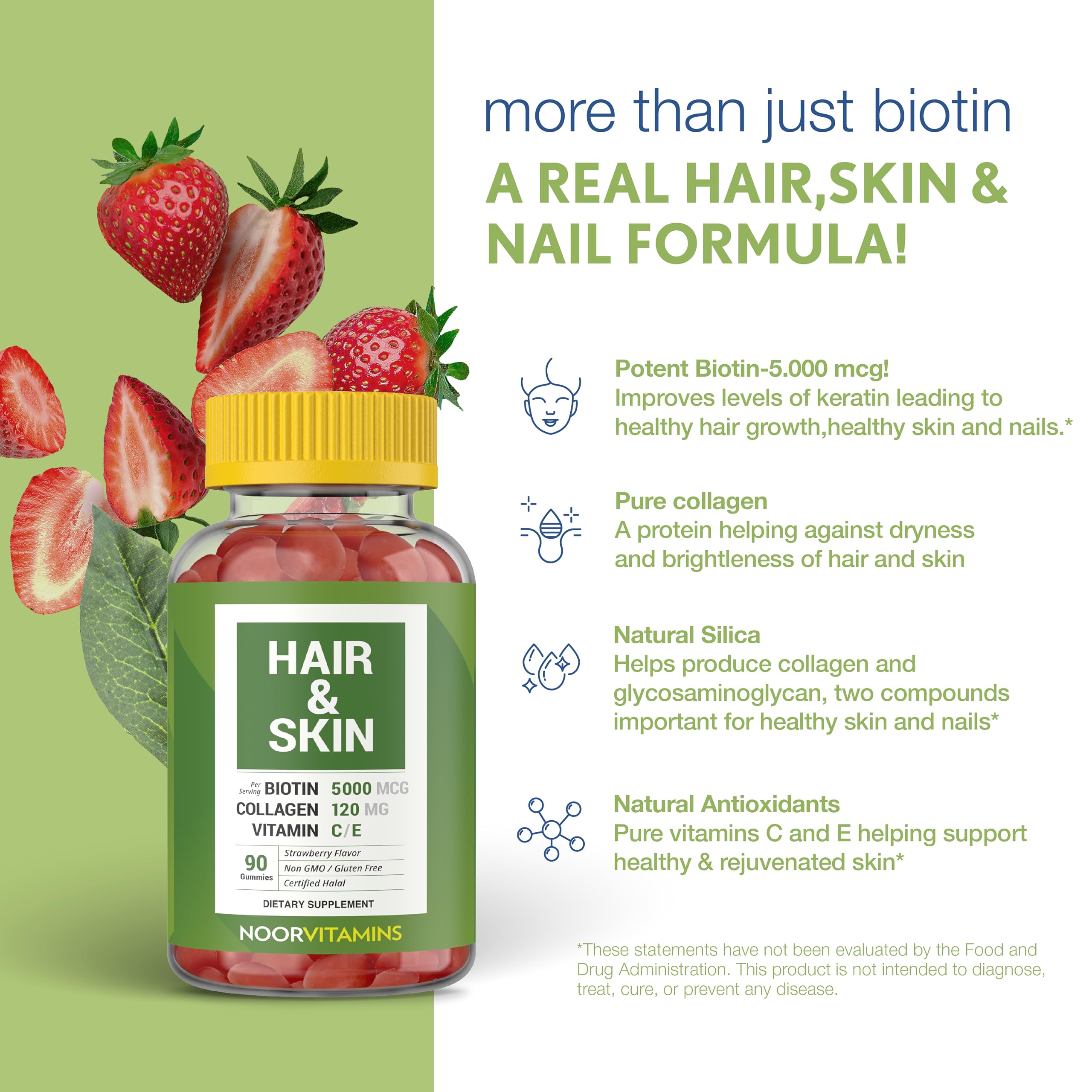 Halal Hair Vitamins with Biotin, Collagen & Silica - Natural Strawberry Gummy for Hair Growth, Skin & Nails - Vitamin C & E Enriched, GMO & Gluten Free, Halal Certified (90 Count) - Perfect for Daily Beauty Routine & Healthy Lifestyle