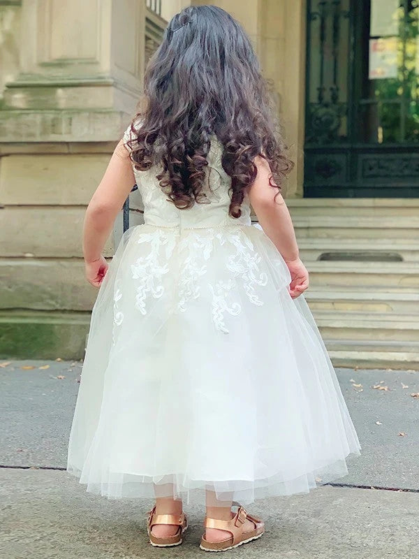 Affordable White Lace Tulle Flower Girl Dress with Jewel Details - Perfect for Weddings, Baptisms & Special Occasions