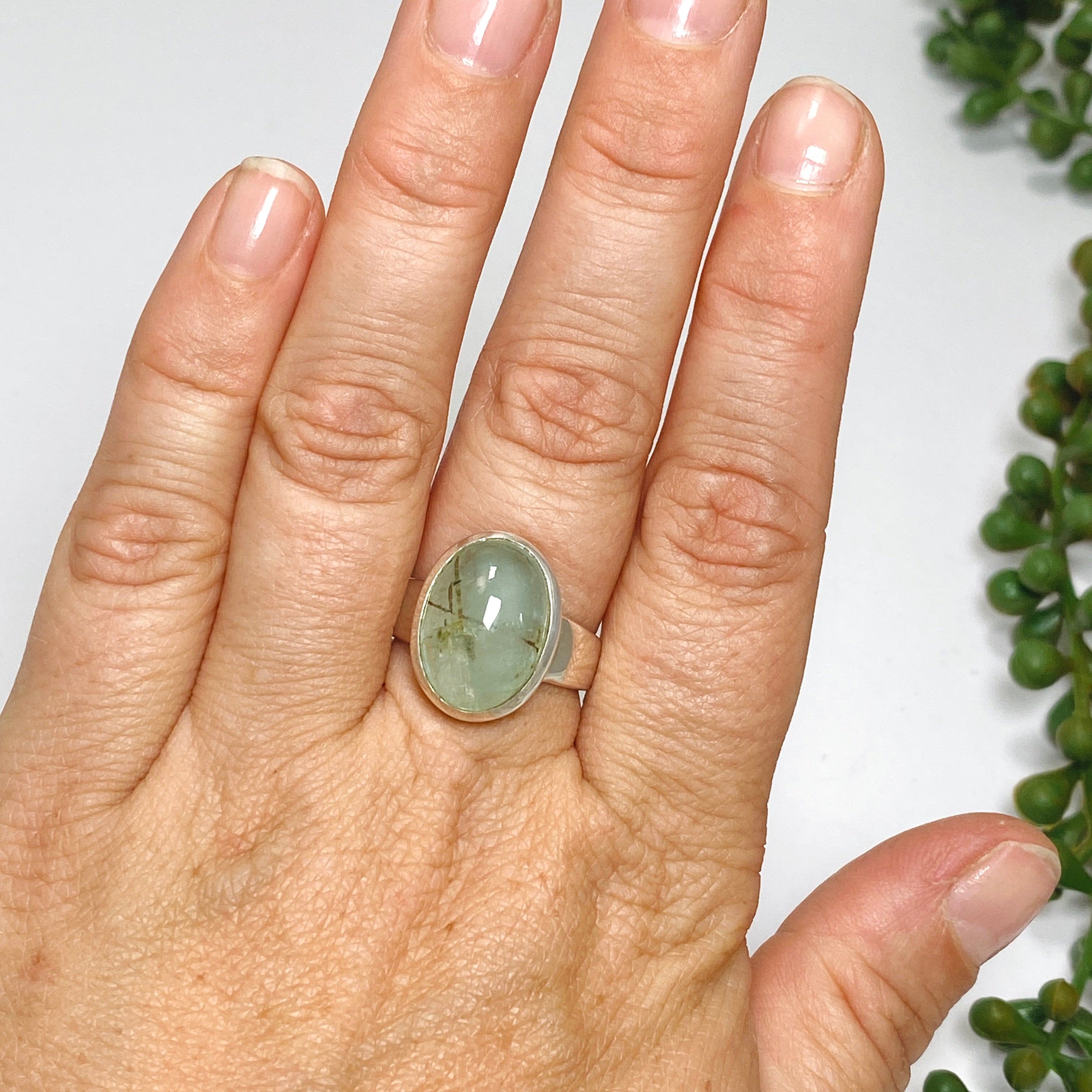 Emerald and Rutile Oval Cabochon Ring - Size 8.5 - Handmade Sterling Silver Jewelry - Perfect for Wedding, Anniversary & Special Occasion Gifts