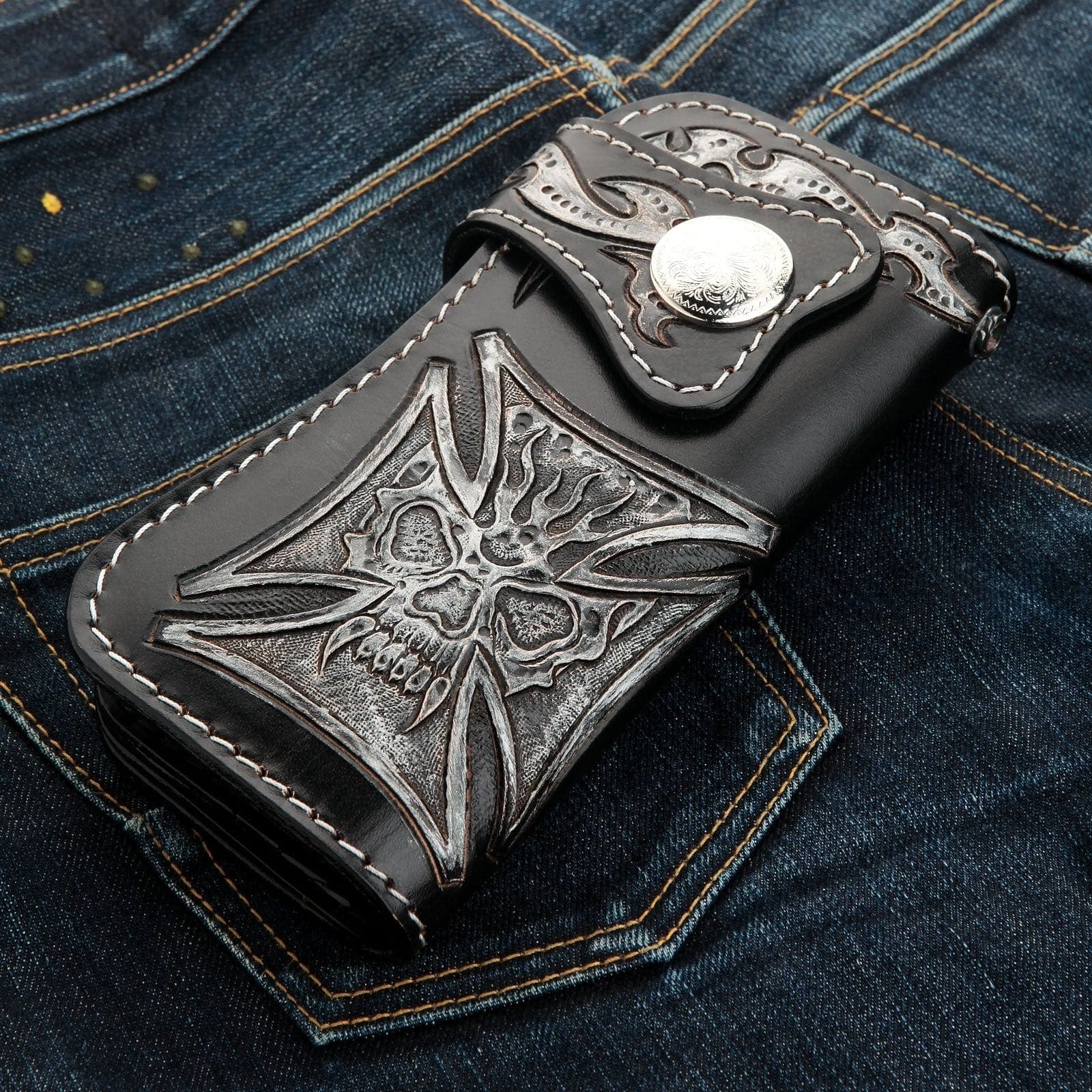 Phantom Skull Genuine Leather Biker Wallet for Men - RFID Blocking Motorcycle Wallet with Chain - Perfect for Riding, Travel & Everyday Use