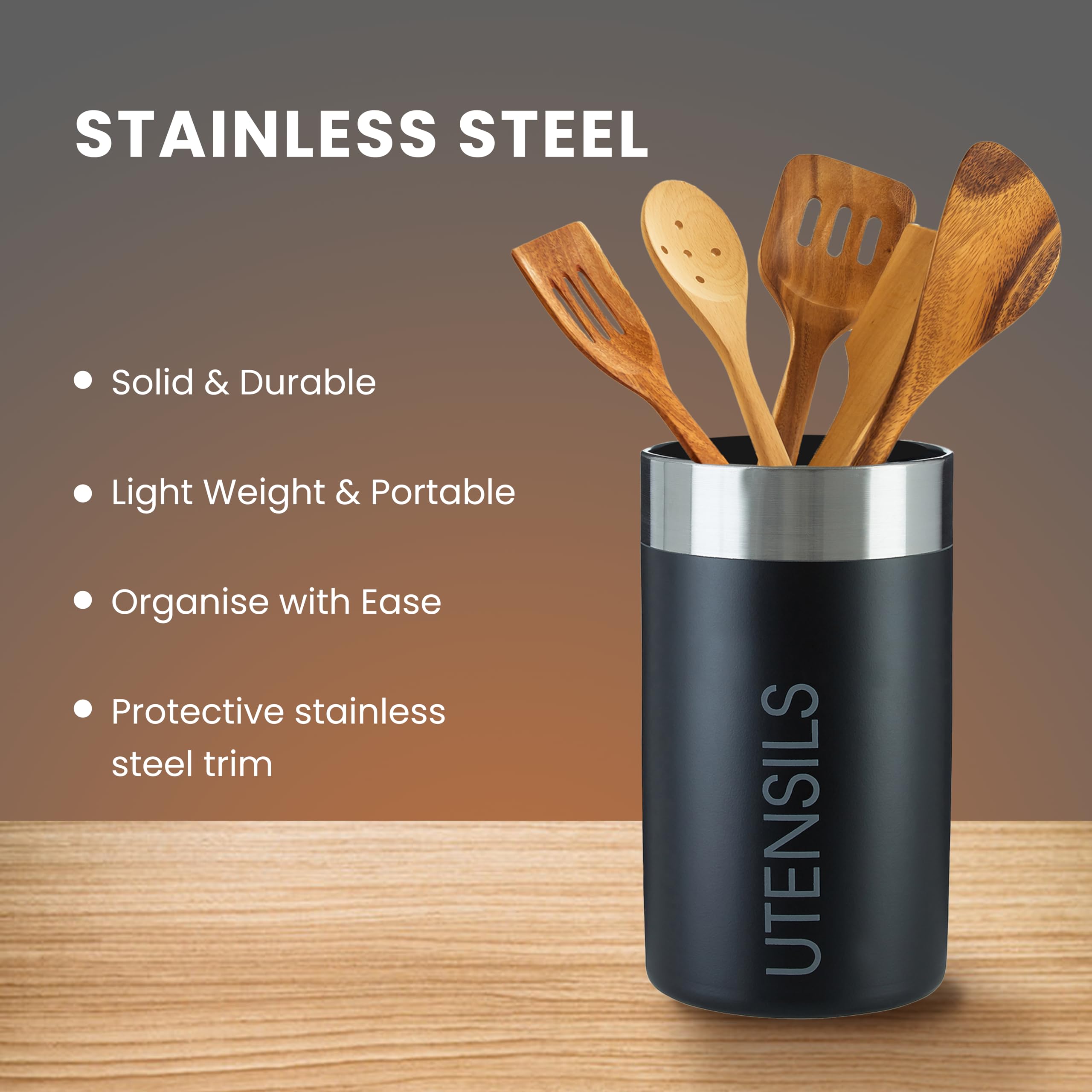 Premium Black Chrome Kitchen Utensil Holder & Organizer - Sturdy Cylindrical Cutlery Storage Container for Spoons, Forks & Cooking Tools - Perfect for Countertop, Drawer or Cabinet Organization