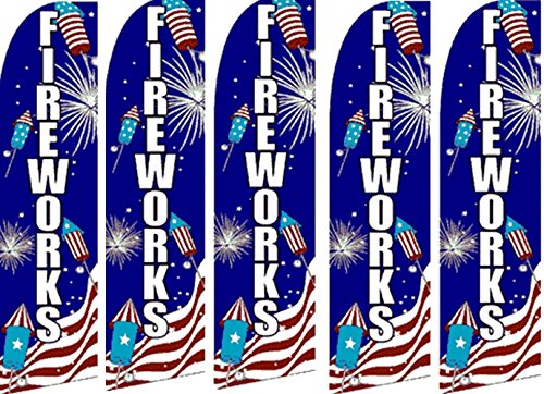 5 Pack Swooper Flutter Feather Flags - Fireworks Crackers in Blue & Red - Perfect for Parties, Parades, and Outdoor Events
