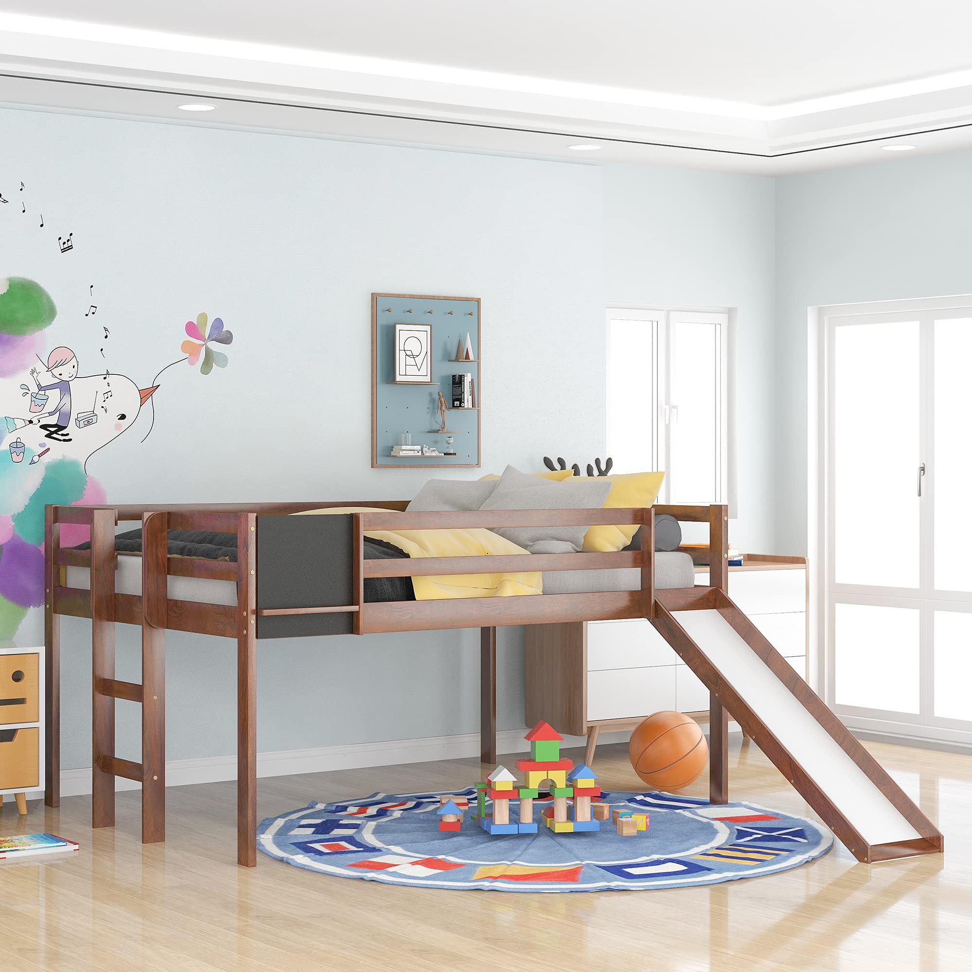**Full Size Wooden Loft Bed with Slide, Ladder & Chalkboard - Sturdy Kids & Teens Bunk Bed, No Box Spring Needed - Perfect for Small Rooms, Playrooms & Dorm Decor**