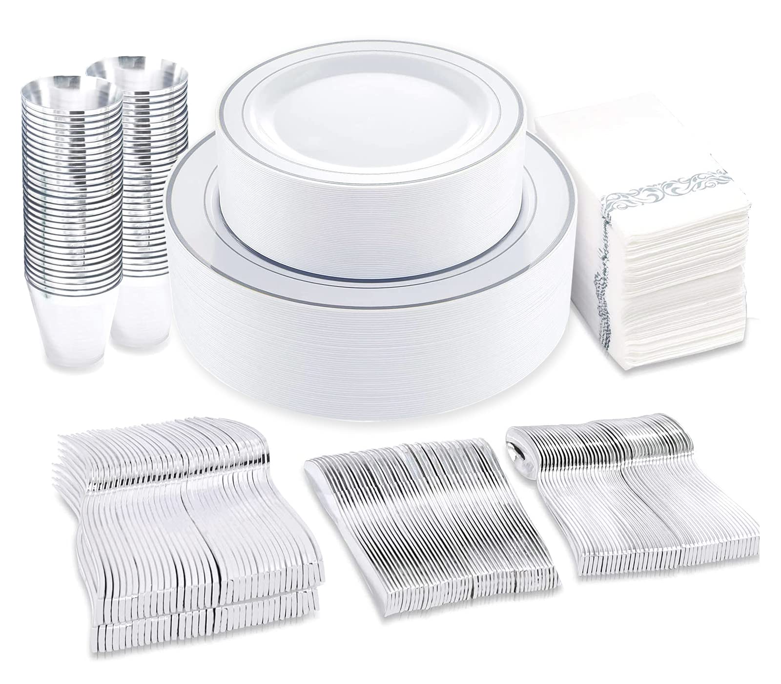 Premium 400-Piece Silver Plastic Dinnerware Set - Elegant Disposable Plates, Cutlery & Cups for Weddings, Parties, Birthdays & Holiday Events - Durable & Stylish Tableware for Any Celebration