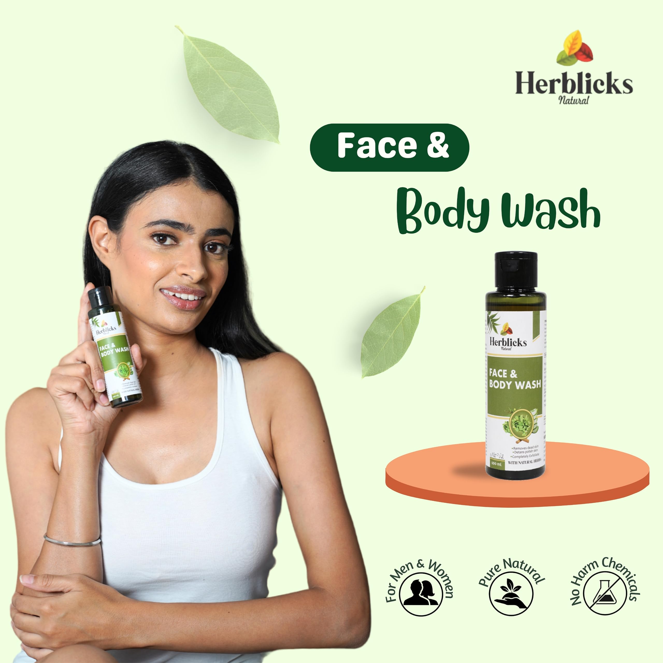 Herblicks Natural Face & Body Wash - Gentle Moisturizing Ayurvedic Cleanser for Blackhead & Tan Removal | Deep Cleansing for Neck, Knees, Elbows & Arms | Perfect for Daily Skincare & Post-Workout Refreshment