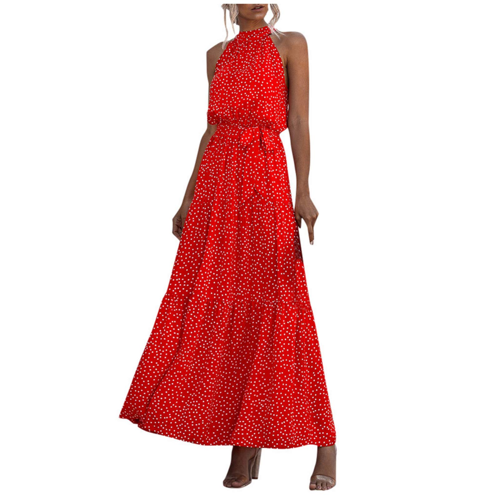 Women's Summer Maxi Dresses - Vintage Floral Print Halter Neck Sleeveless Casual Midi Dress | Perfect for Beach Vacations, Garden Parties & Summer Outings