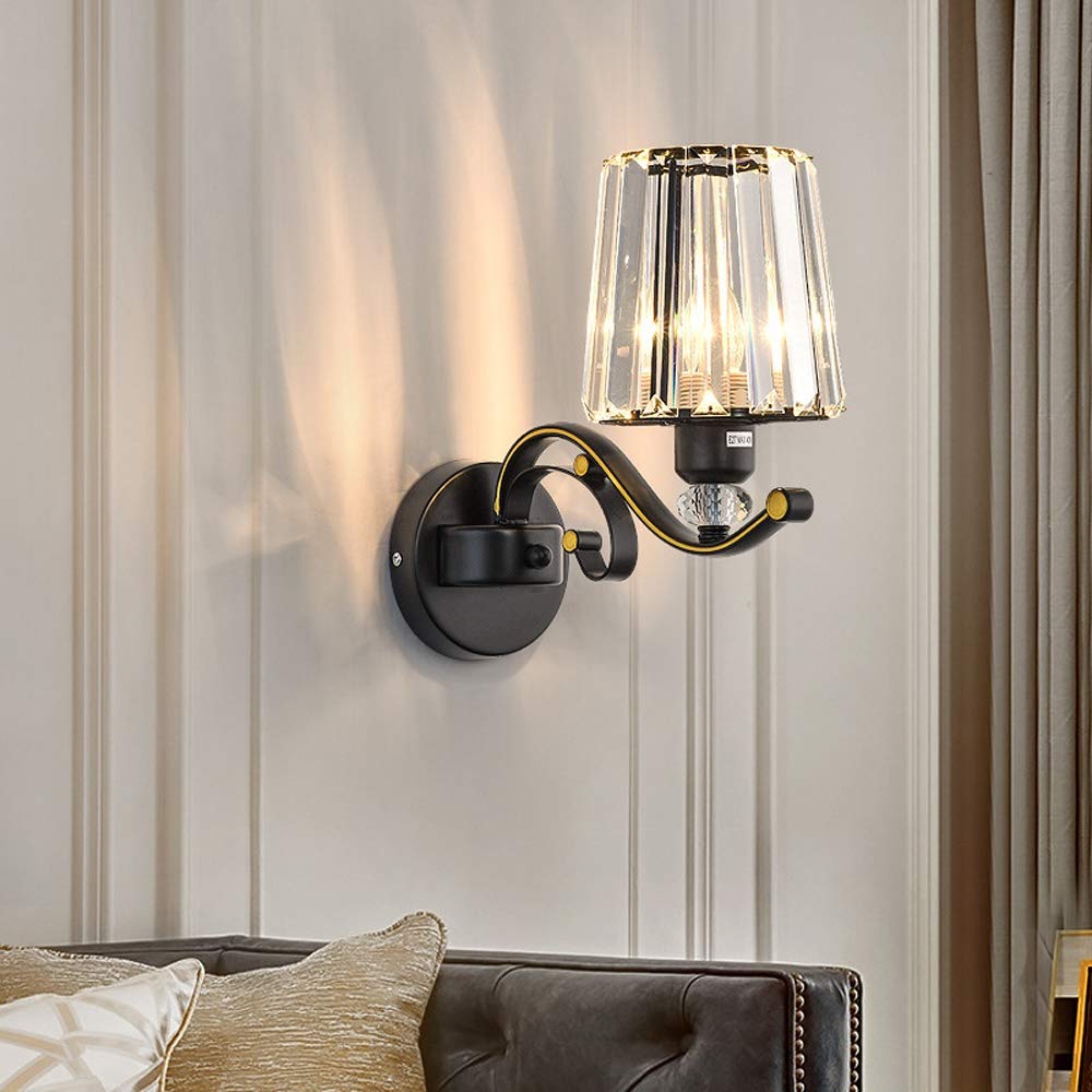 KUXY Mid Century Modern Crystal Wall Sconces - Antique Black Industrial Wall Lamp with E27 Socket, Indoor Bedroom Lighting Fixture for Home Decor, Living Room, Hallway & Bedside Night Light