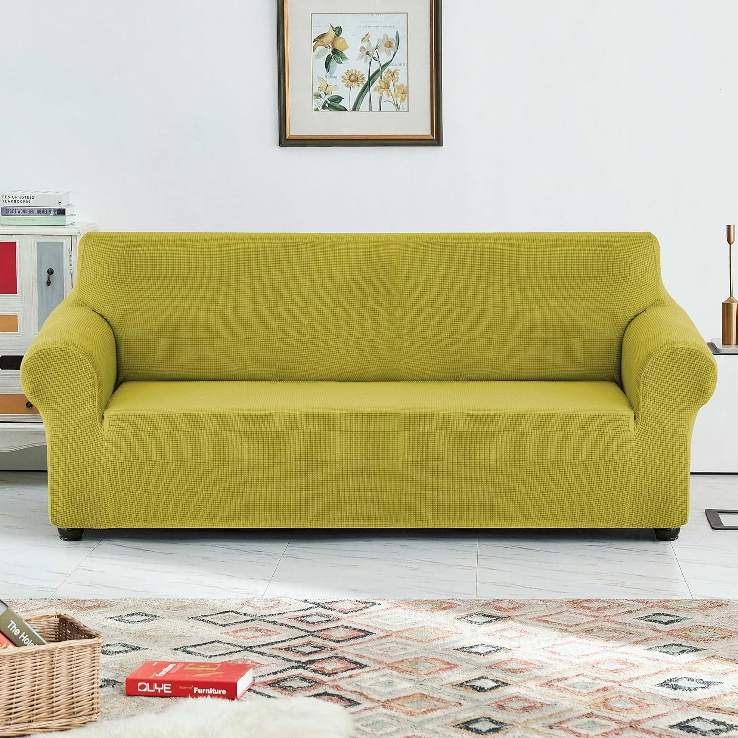 Waterproof Stretch Sofa Slipcover - Soft Elastic Furniture Protector for Couches with Kids & Pets | Olive Yellow Size M | Perfect for Living Room, Family Room & Pet-Friendly Homes