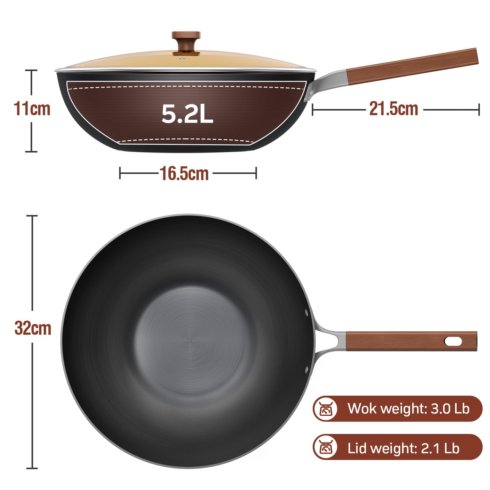 Jobin 12.6 Inch 5.2L Pre-Seasoned Carbon Steel Wok Pan with Lid - Non-Toxic, Chemical-Free Stir Fry Pan for Asian Cooking - Large Capacity for 4-6 People - Works on Induction, Gas & Electric Stoves - Perfect for Stir-Frying, Deep Frying & Cooking Family Meals