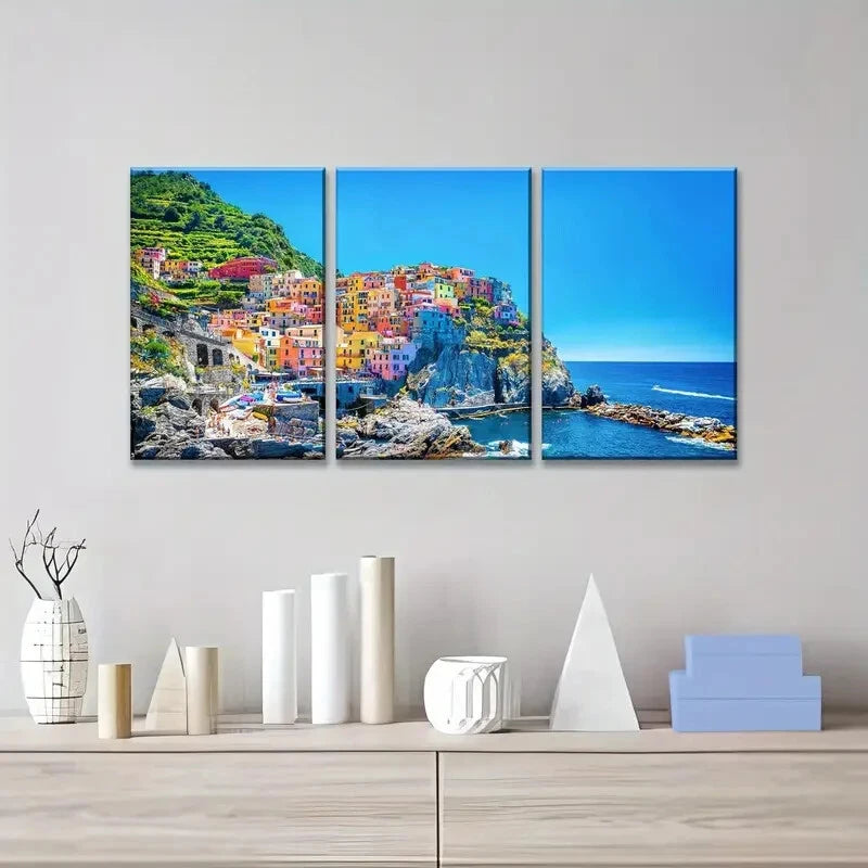 3-Piece Mediterranean Sea Cinque Terre Metal Wall Art Prints - Ready to Hang Coastal Decor for Living Room, Bedroom & Office