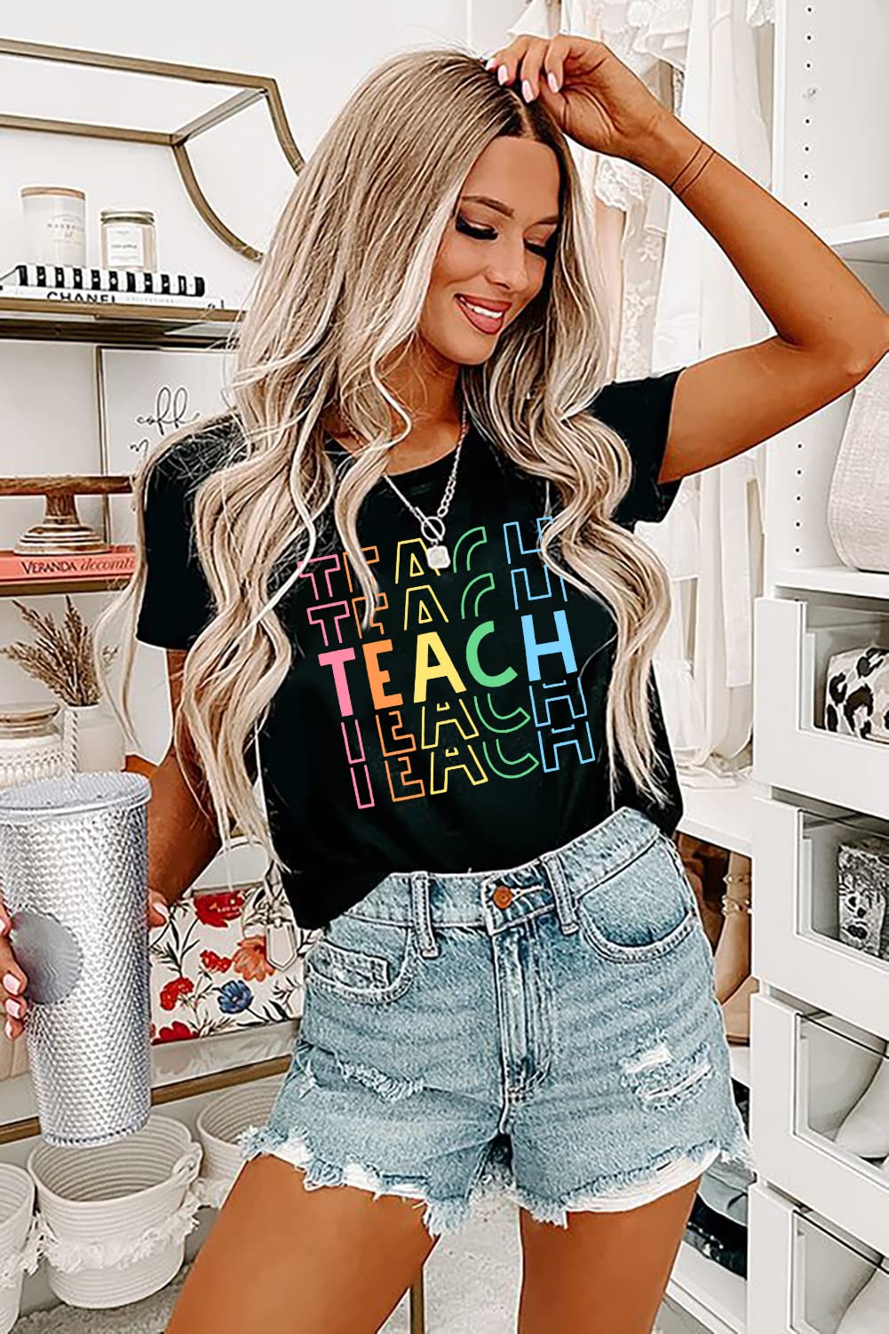 Funny Teacher Shirts for Women - Back to School & Kindergarten Teaching Life Appreciation T-Shirts - Casual Crew Neck Tops for Educators, School Staff & Teacher Appreciation Week Gifts